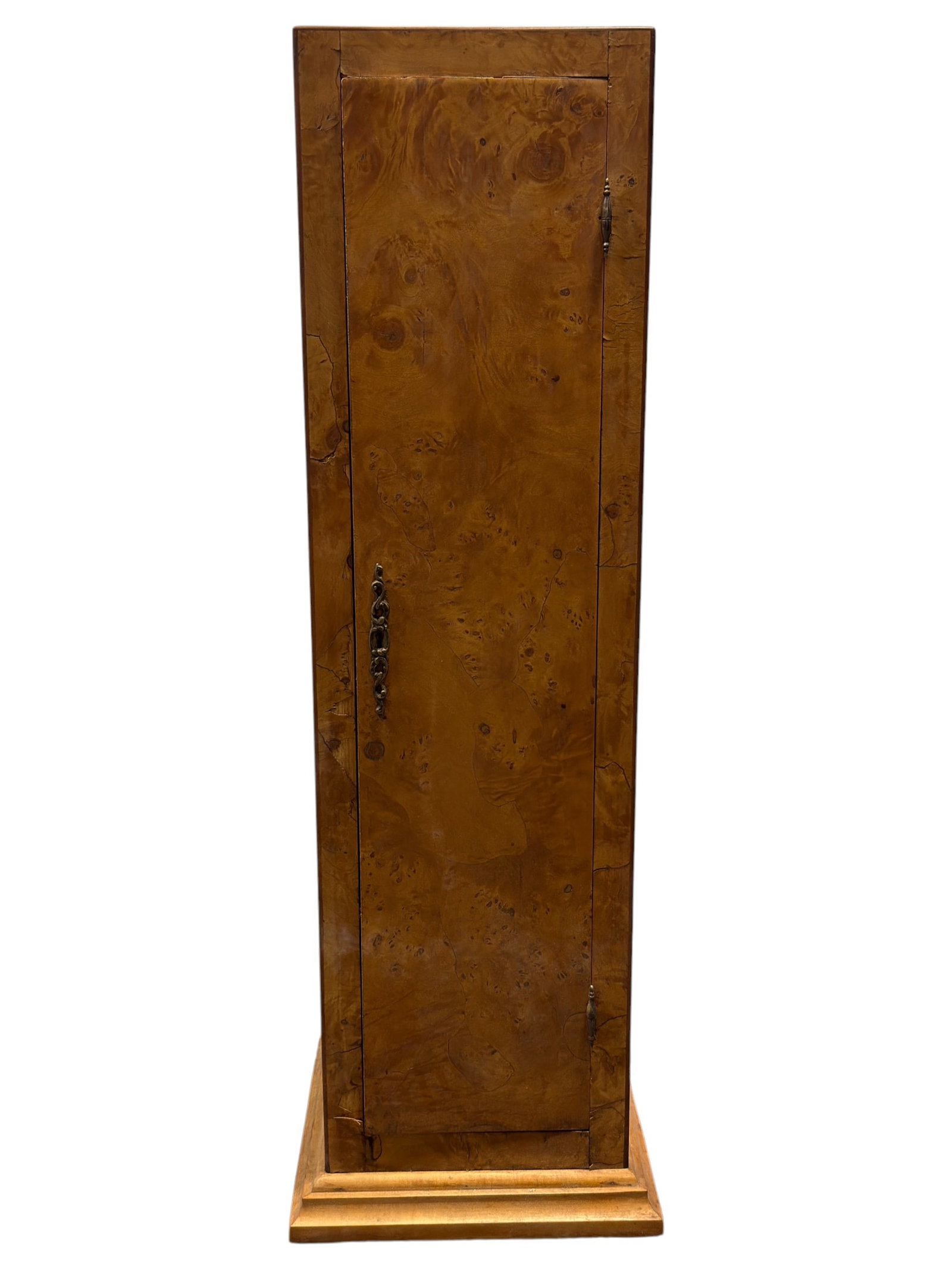 Burl Wood Tall Storage Pedestal Cabinet: Tall, narrow vintage storage cabinet clad in richly figured burl wood veneer, featuring a clean rectangular form with a single full-length hinged door and stepped molded base. The highly decorative bu