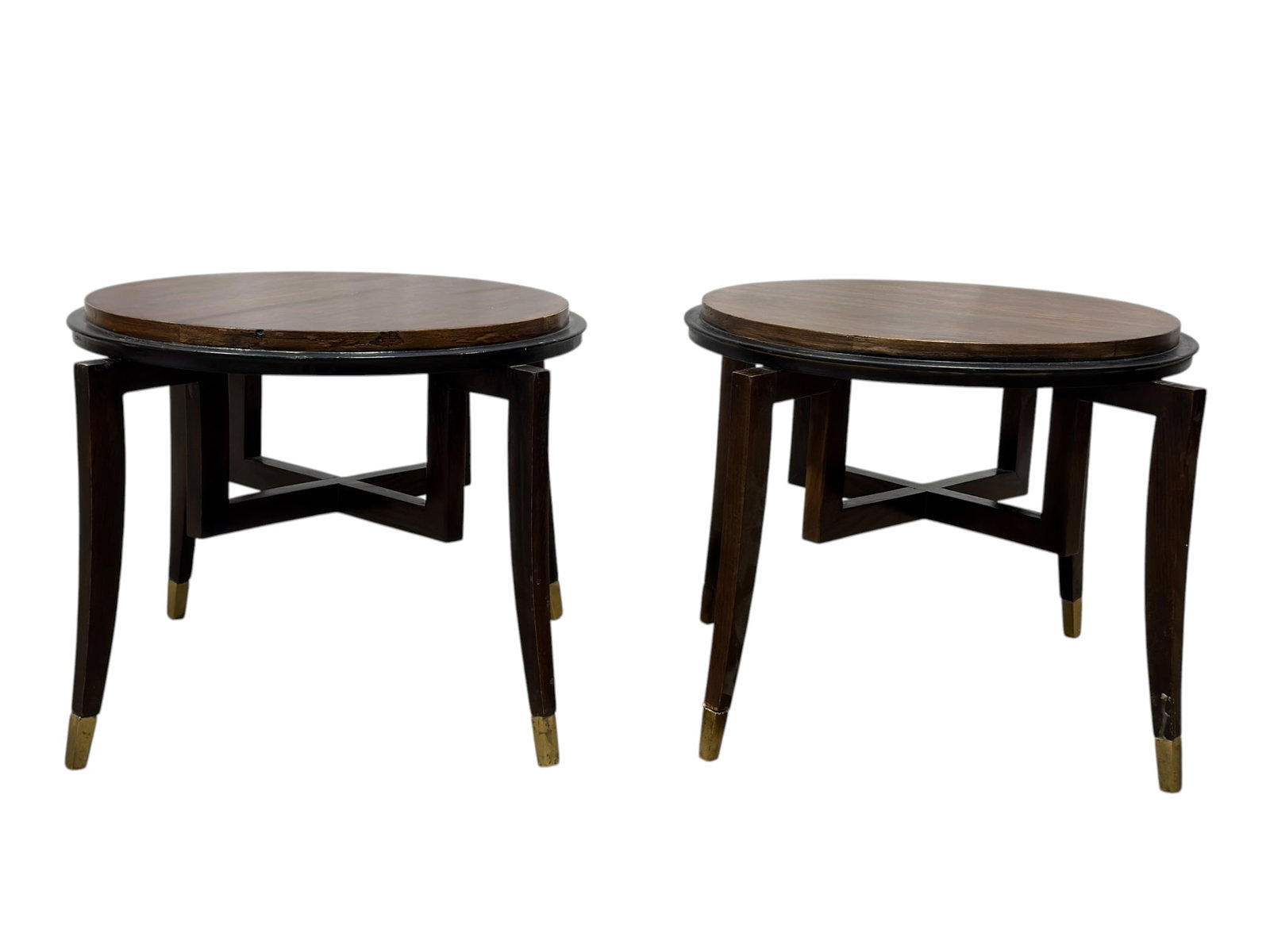 Pair of MCM Round Mahogany Side Tables w/ Brass Sabots (1 of 7)