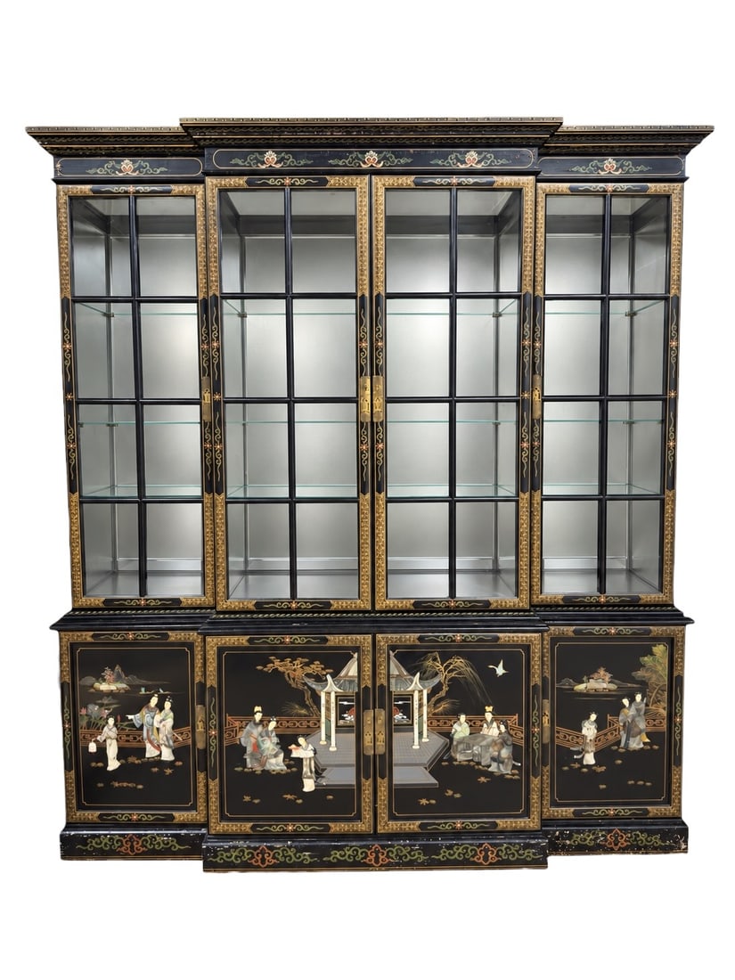 Chinese Chinoiserie Black Lacquer Display Cabinet with Figural Inlay (1 of 15)