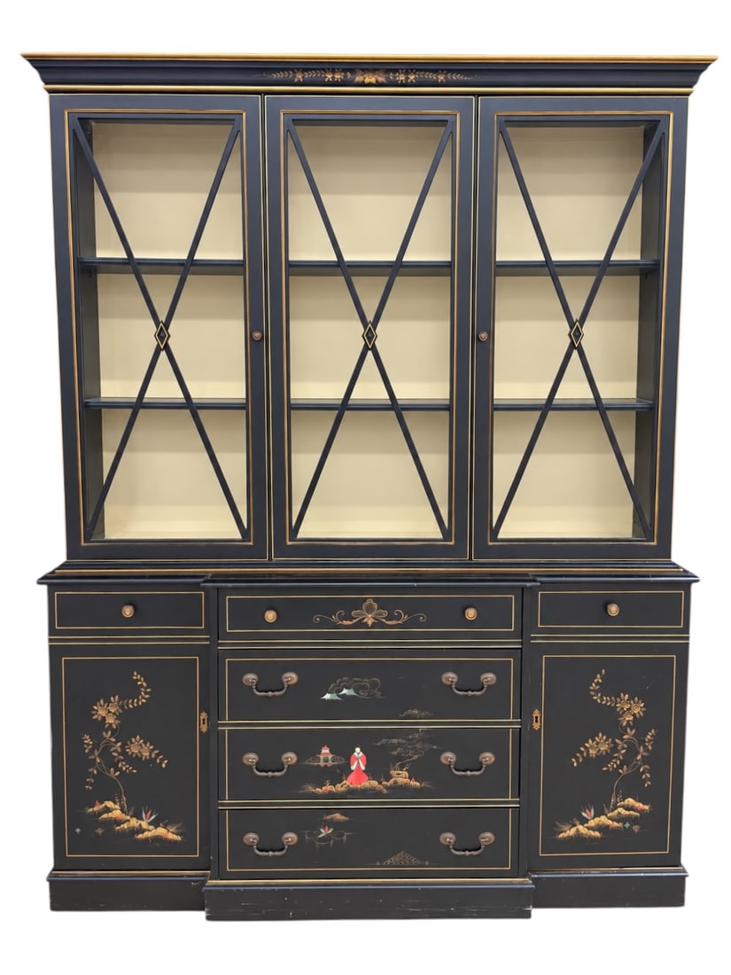 Chinoiserie Black Lacquer Breakfront Display Cabinet with Painted Figural Decoration (1 of 12)