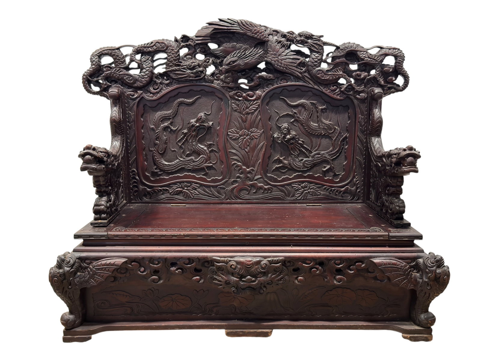 Early 20th C. Chinese Heavily Carved Hardwood Dragon Storage Bench (1 of 20)