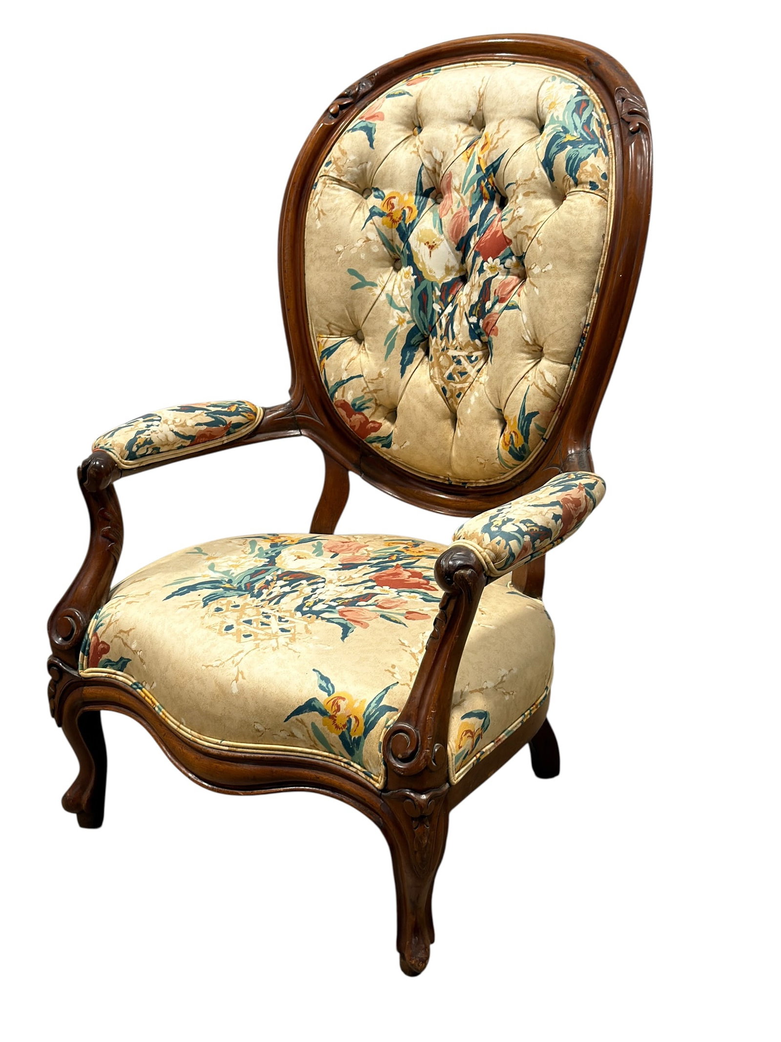Louis XV Style Carved Walnut Floral Upholstered Armchair (1 of 13)