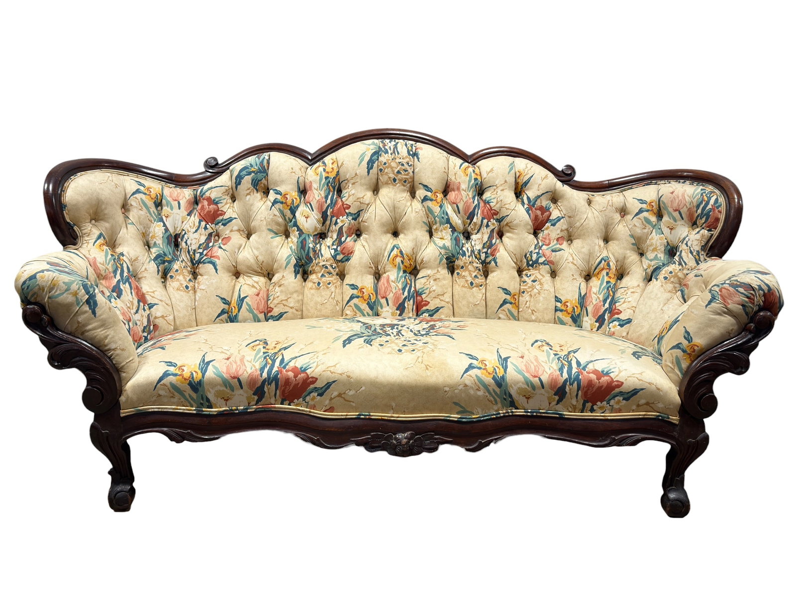 Victorian Revival Carved Walnut Floral Upholstered Settee (1 of 17)