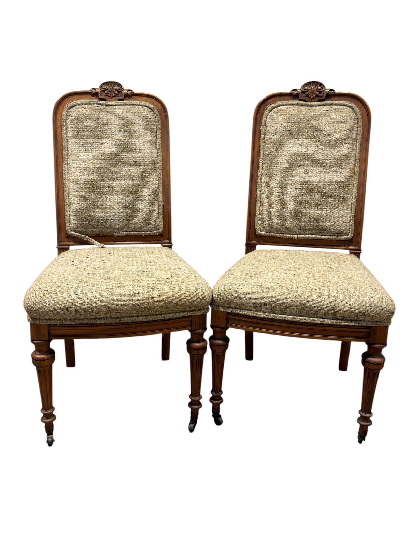 Pair of French Louis XVI Style Carved Walnut Upholstered Side Chairs (1 of 8)
