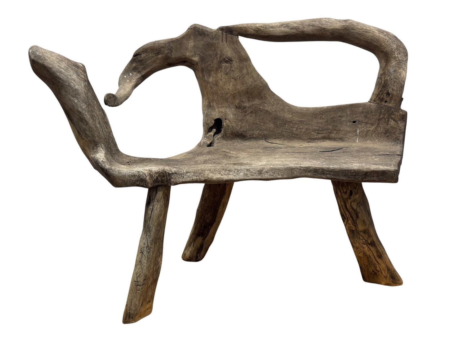 Rustic Sculptural Driftwood Root Wood Armchair: Striking rustic armchair constructed from naturally formed driftwood or root wood, retaining an organic, highly sculptural silhouette with sweeping branch-form arms, an irregular shaped back, broad ca