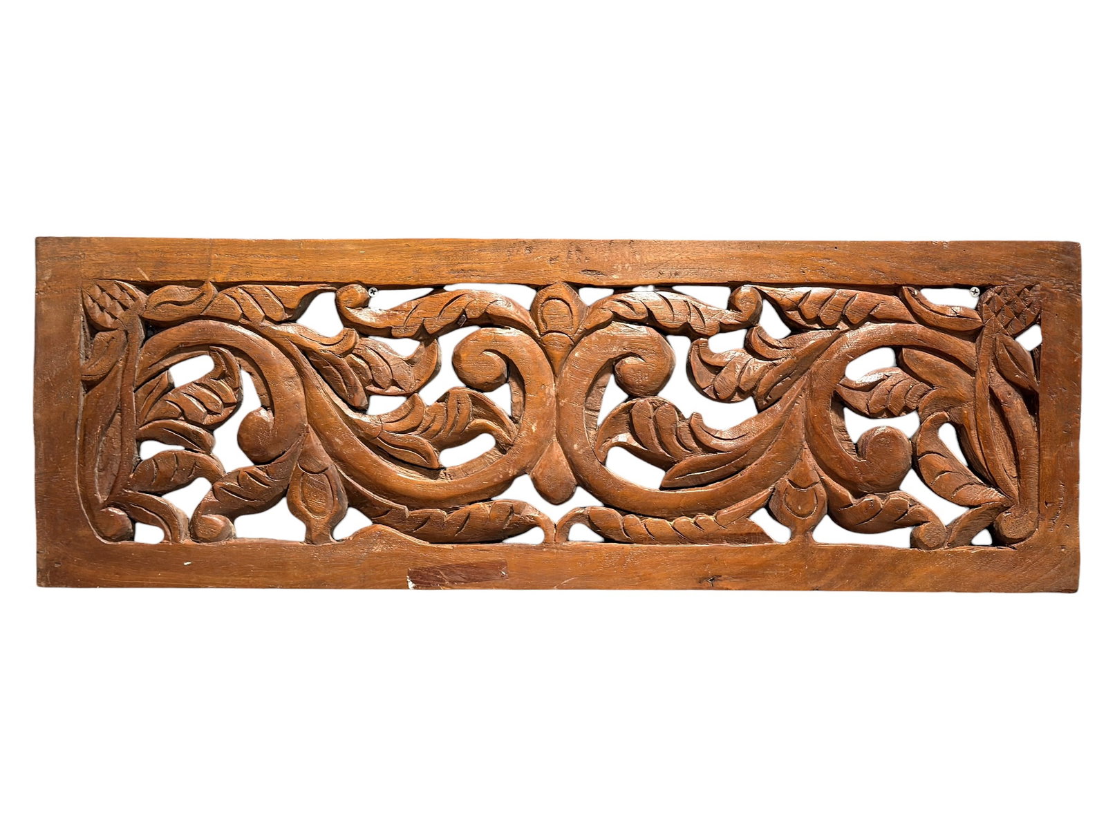 Vintage Carved Wood Openwork Floral Wall Panel: Decorative rectangular carved wood panel featuring an openwork composition of scrolling acanthus-style foliage, leaves, buds, and stylized floral motifs arranged in a symmetrical design within a solid