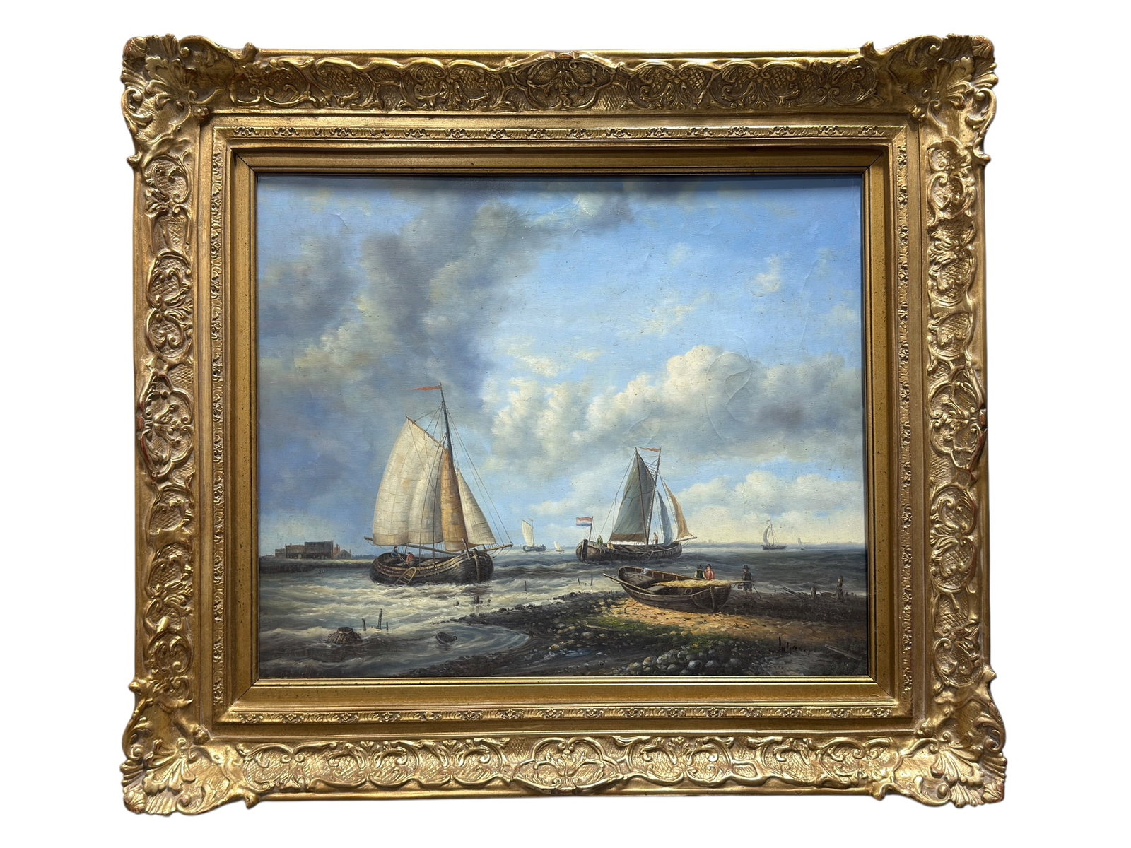 Signed Dutch-Style Coastal Sailing Scene Oil on Canvas: A finely detailed maritime oil on canvas depicting traditional sailing vessels navigating choppy coastal waters beneath an expansive blue and cloud-filled sky, with small figures, a beached boat, dist