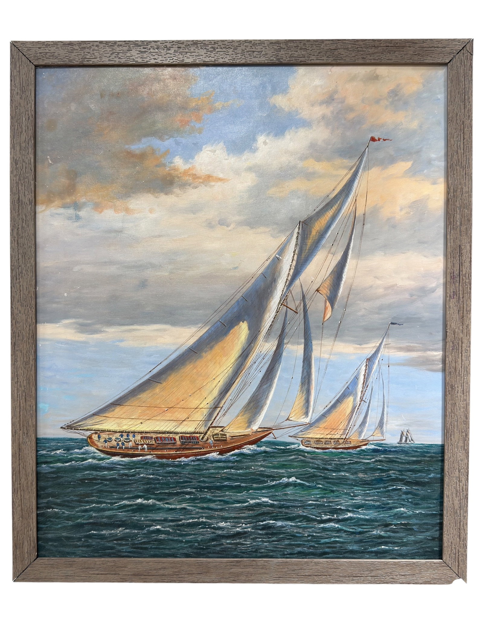 Maritime Sailing Schooner Oil on Canvas: A detailed maritime oil on canvas depicting several sailing vessels underway across rolling blue-green waters beneath a broad, softly clouded sky. The composition is dominated by a large schooner with