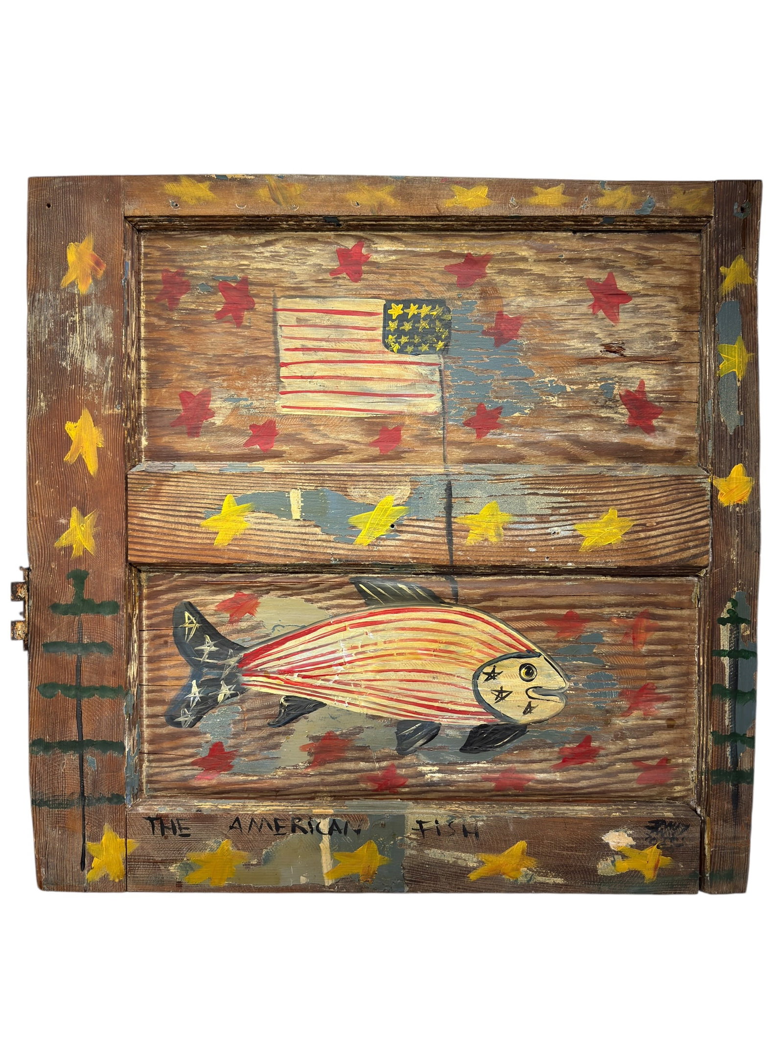 Folk Art "The American Fish" Painted Wood Panel: Whimsical American folk art painted on joined wooden boards and framed within a rustic wood surround, featuring a stylized fish decorated in red, cream, and dark accents beneath a hand-painted America