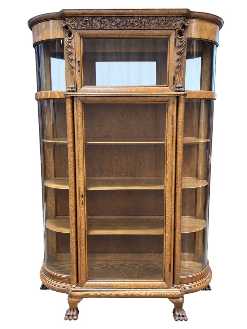 Antique Oak Curved Glass China Cabinet w/ Carved Crest & Claw Feet (1 of 8)