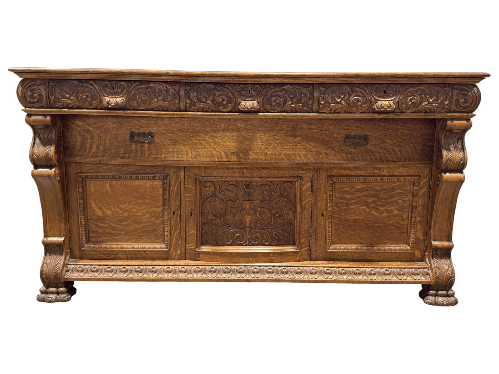 Antique Carved Oak Sideboard w/ Drawers & Cabinet Storage (1 of 14)