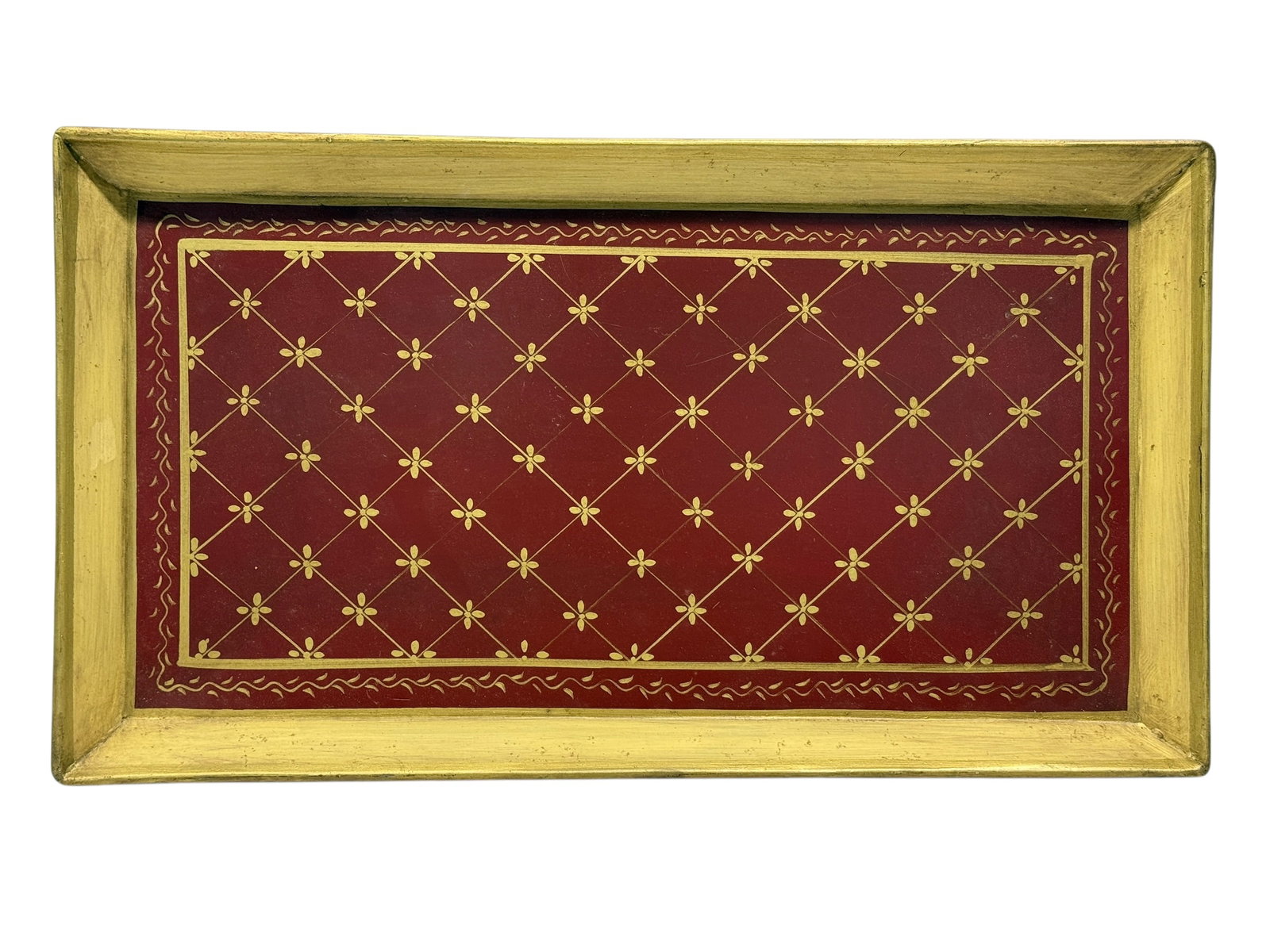 Vintage Hand-Painted Metal Serving Tray w/ Floral Lattice Design: Charming vintage rectangular metal serving tray featuring a deep rose-red central field decorated with a repeating cream-colored floral lattice pattern, bordered by coordinating linear and scalloped