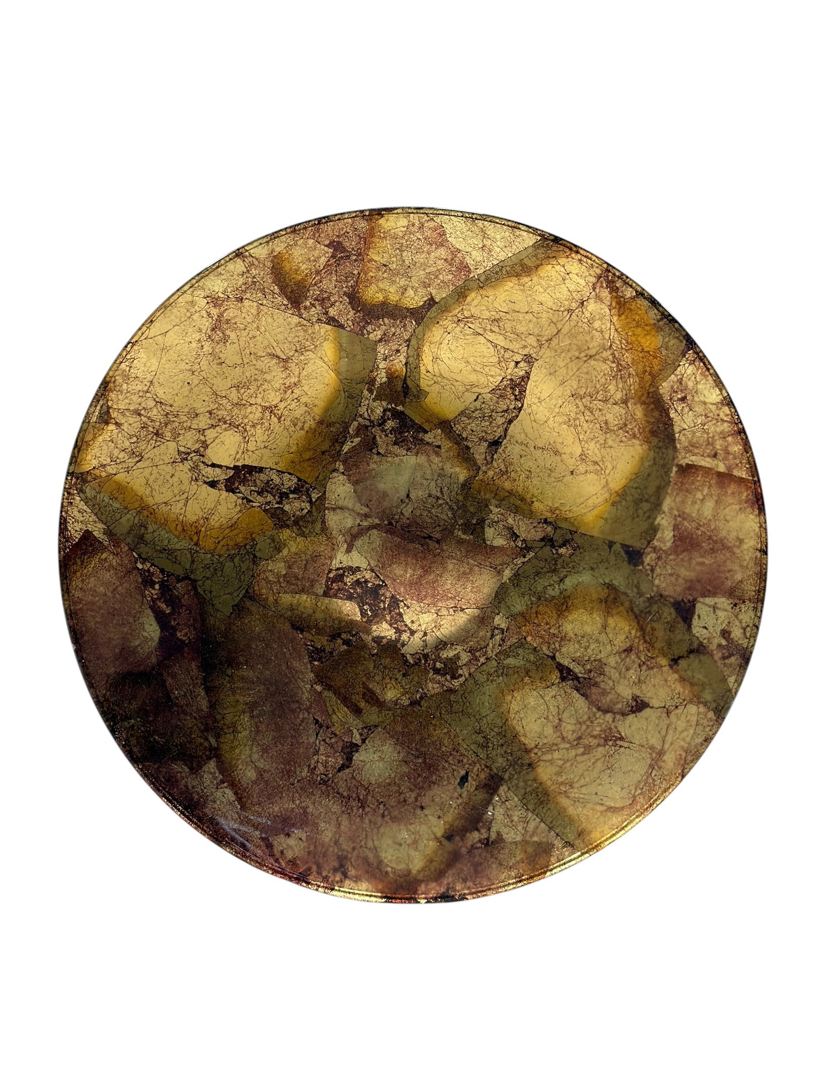Reversed Foil-Painted Glass Decorative Bowl: Decorative shallow glass bowl featuring a richly variegated reverse foil-painted design beneath the glass, creating a layered marbled effect in muted rose, burgundy, cream, gold, and smoky tones. The