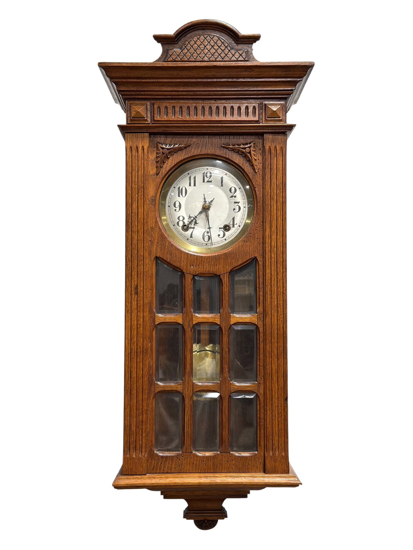 Antique Oak Wall Regulator Clock w/ Beveled Glass & Brass Pendulum (1 of 7)