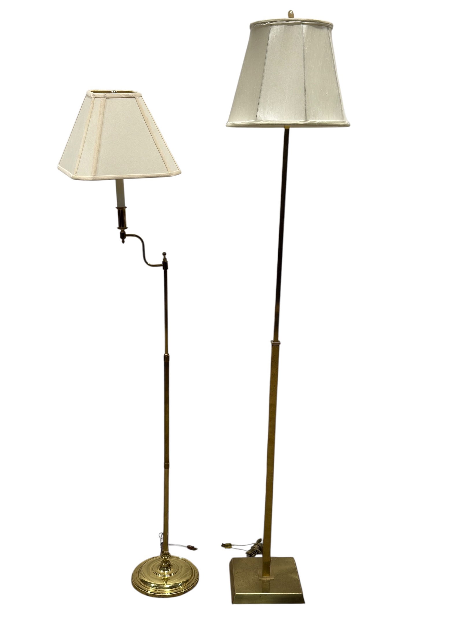 (2) Adjustable Mid Century Style Brass Floor Lamps: Two adjustable brass floor lamps in mid-century style, each with a slender vertical standard and contrasting traditional-modern forms. One features a square stepped brass base and straight rectangular