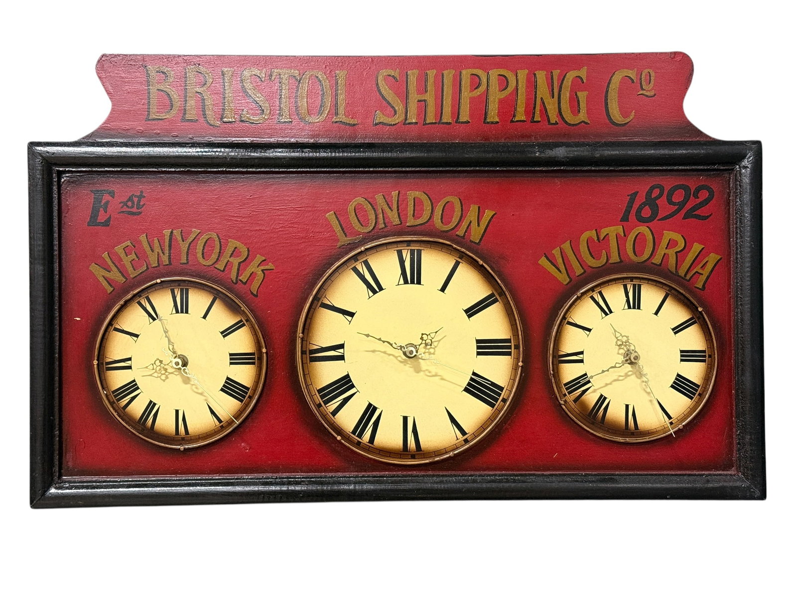 Bristol Shipping Co. Victorian Style Triple World Time Wall Clock: Decorative maritime-themed triple-dial wall clock made in a deliberately late-Victorian style, the broad shaped plaque finished in deep red with black molded borders and hand-painted-style gilt letter