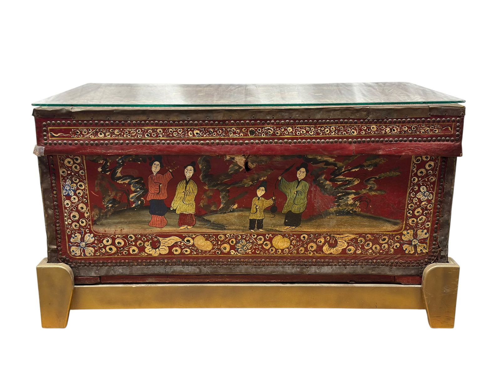 Antique Asian Painted Leather & Brass Clad Storage Trunk (1 of 17)
