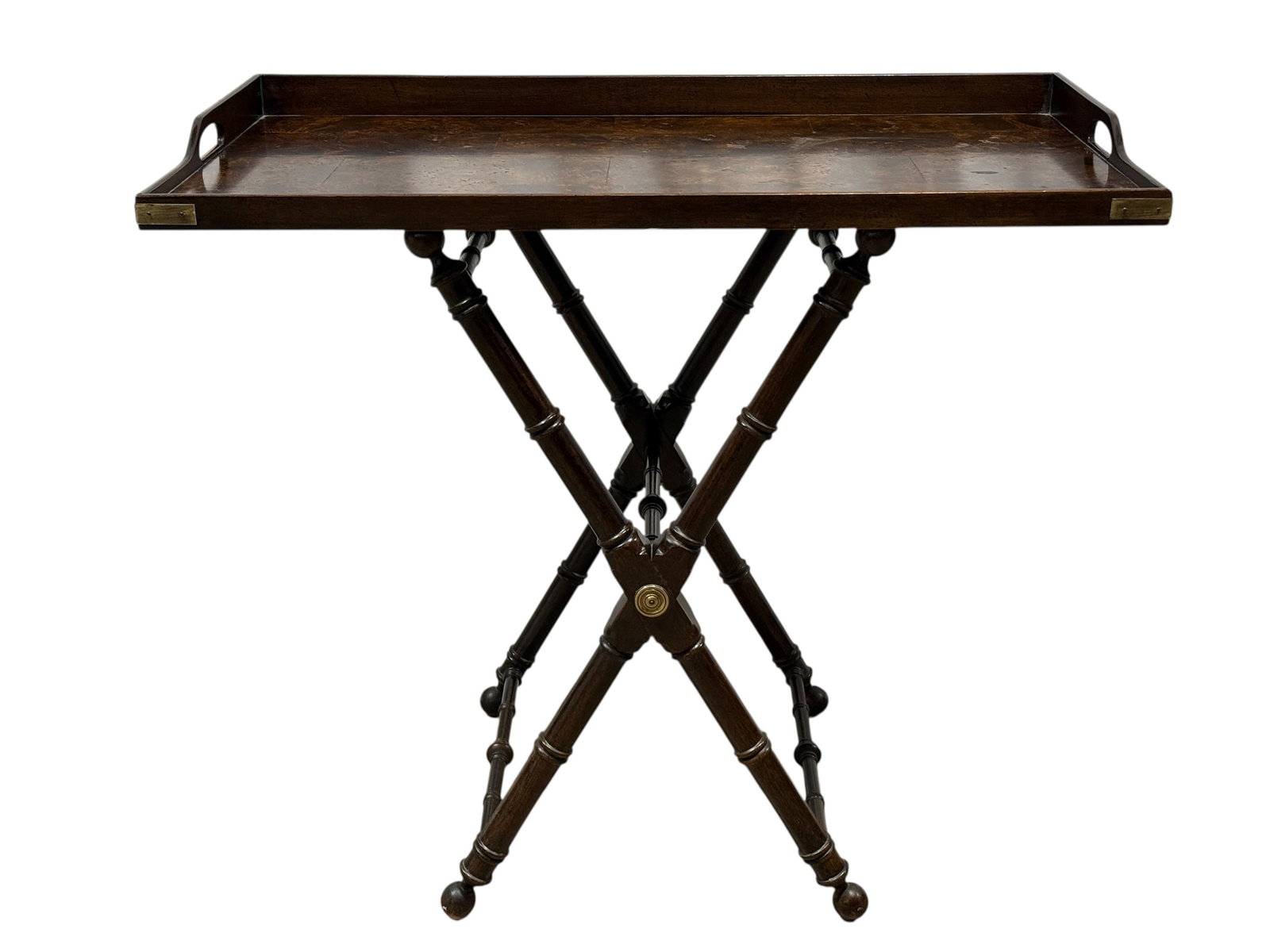 Ethan Allen Knob Creek Burl Wood Butler’s Tray Table w/ Stand: Vintage Ethan Allen Knob Creek butler’s tray table featuring a rectangular removable tray with raised gallery sides, pierced handholds, brass corner mounts, and a richly figured burl-wood veneer sur