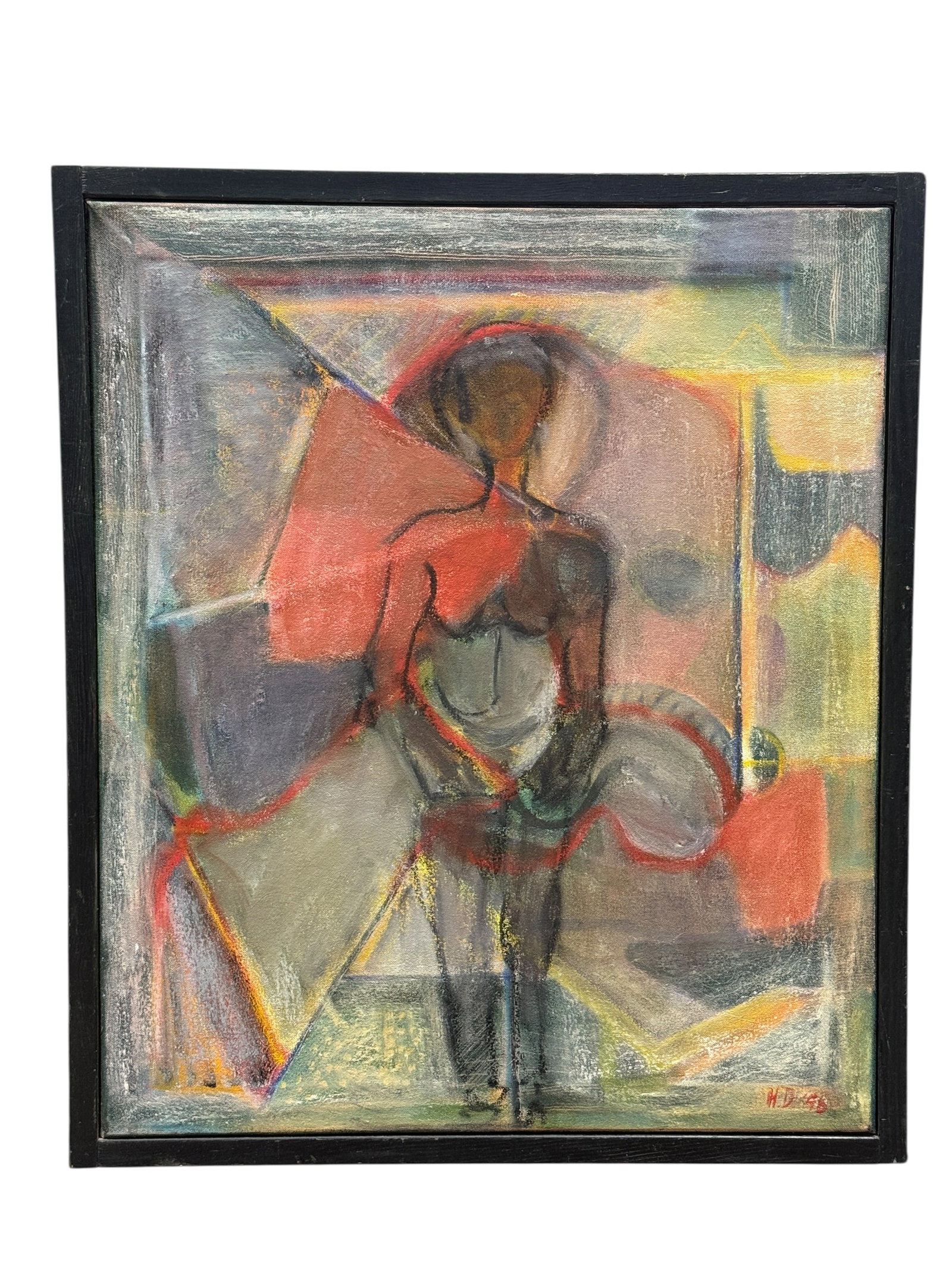 1996 Helen DeRamus "Bearer of Gifts" Signed Oil on Canvas Painting: 1996 oil on canvas painting titled Bearer of Gifts by Helen DeRamus, signed “H.D. ’96” in the lower right and signed and titled on the verso of the canvas. The work features a stylized abstr