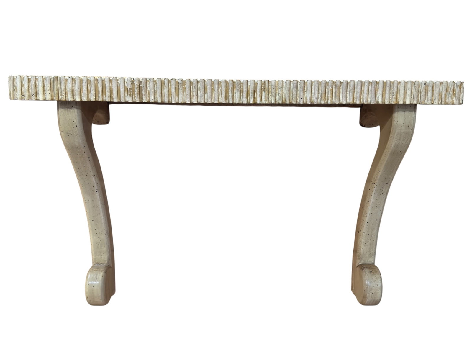 Neoclassical Style Painted Wood Wall-Mounted Console Shelf: Decorative wall-mounted wood console shelf featuring a long rectangular top with a pronounced reeded edge and a pair of sculptural scroll-form wooden support brackets. Finished in an antiqued ivory/cr