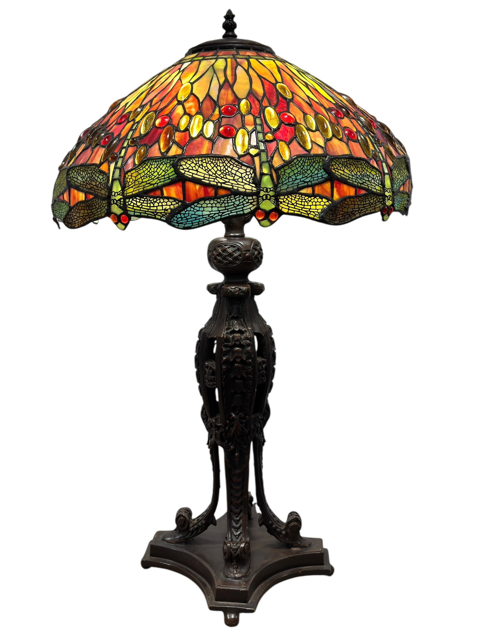 American Leaded Glass Cold Painted Bronze Dragonfly & Jeweled Lamp: Striking large decorative table lamp featuring a richly colored leaded glass shade designed with a continuous band of dimensional dragonflies around the lower edge, their textured wings worked in mott
