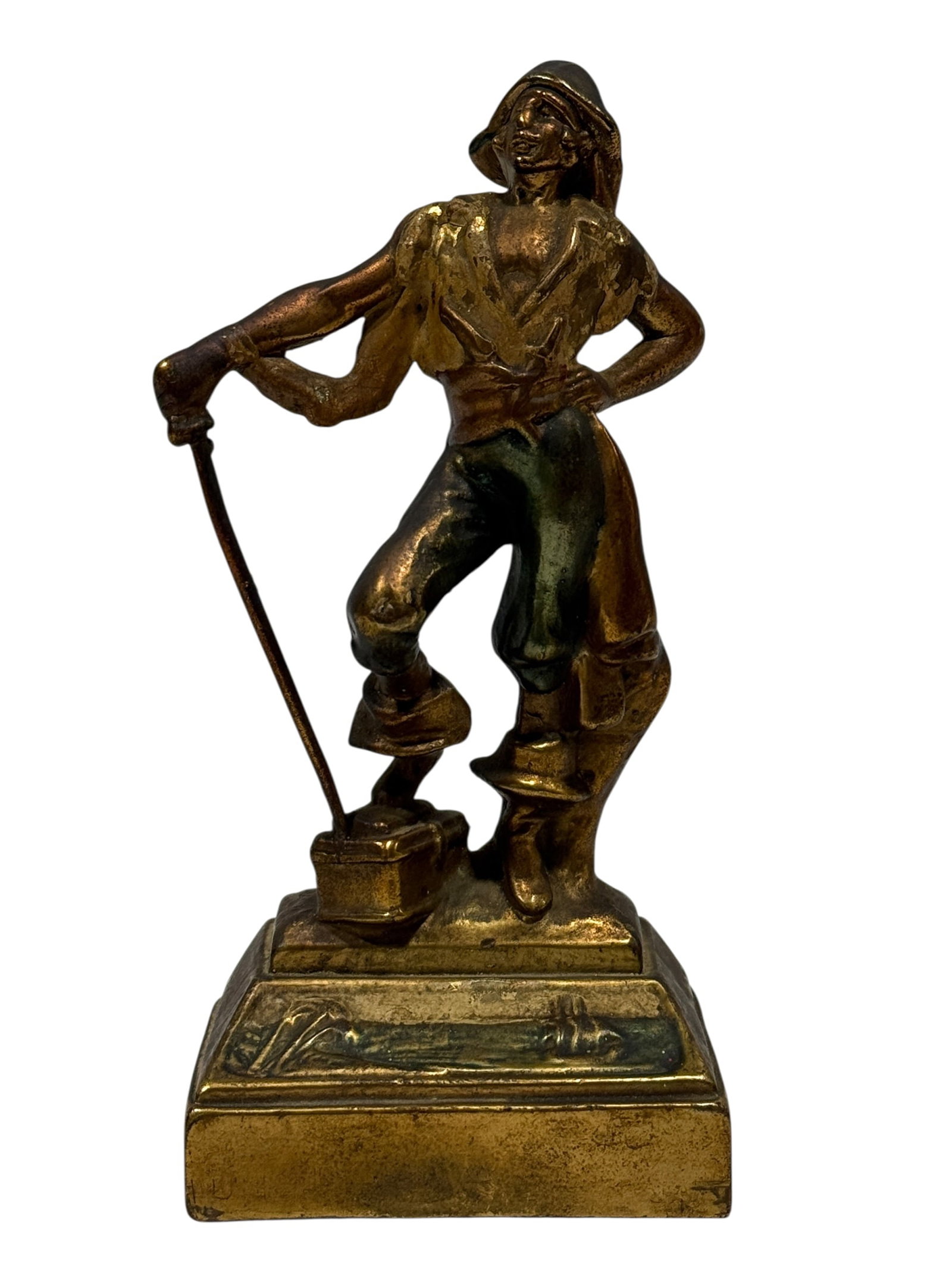 1920s Paul Herzel Pompeian Bronze Polychrome Pirate Figure: Early Art Deco figural sculpture depicting a swaggering pirate or swashbuckler posed with one hand at his waist and the other resting on a long sword or cane, dressed in a loose shirt, cropped trouser
