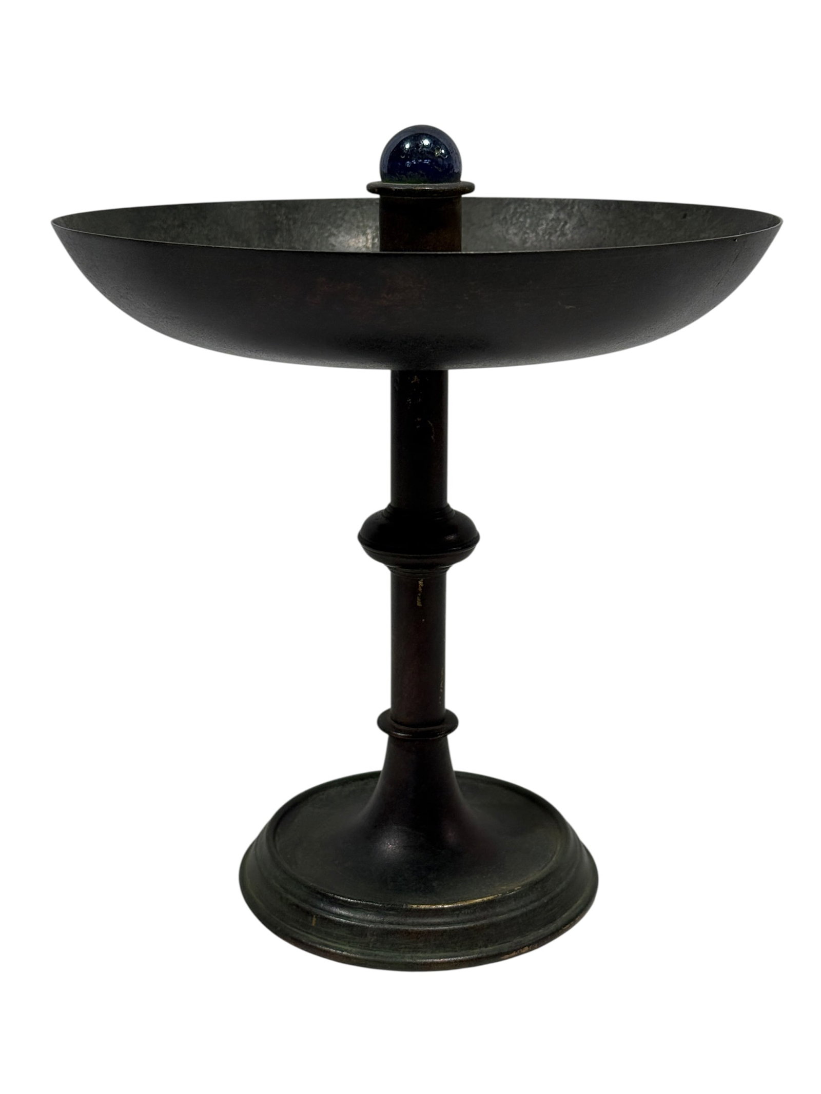 Early 20th Century Patinated Bronze Tazza w/ Cobalt Glass Finial: Decorative early 20th century bronze tazza or pedestal compote featuring a broad, shallow circular bowl raised on a turned pedestal foot and finished with a small cobalt-blue glass sphere mounted at t
