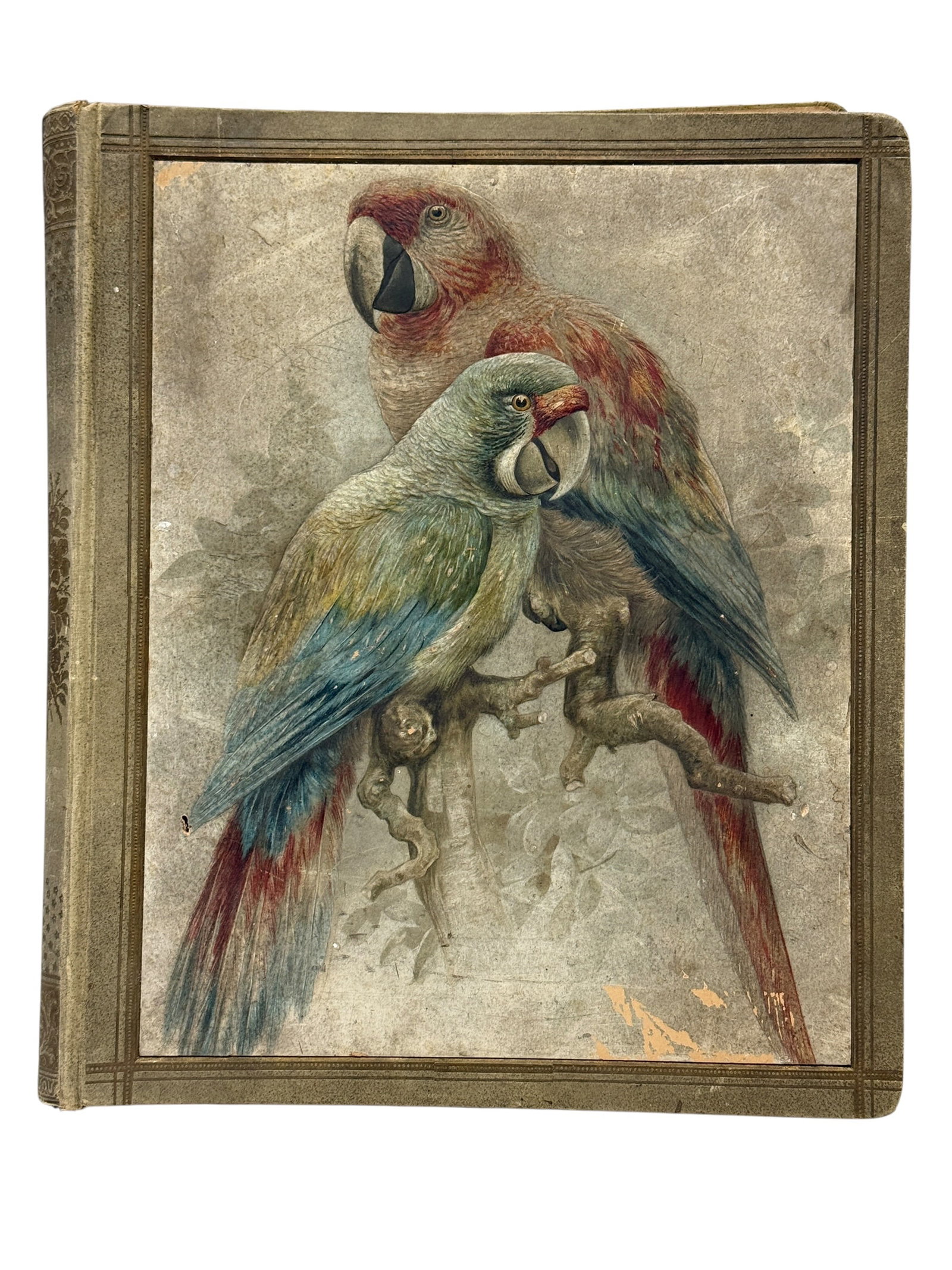 Late 19th C. Victorian Scrapbook w/ Chromolithograph Trade Cards & Die-Cuts: Extensive late 19th-century Victorian scrapbook filled with colorful chromolithograph trade cards, advertising pieces, die-cuts, greeting scraps, floral subjects, birds, cats, dogs, children, figures,