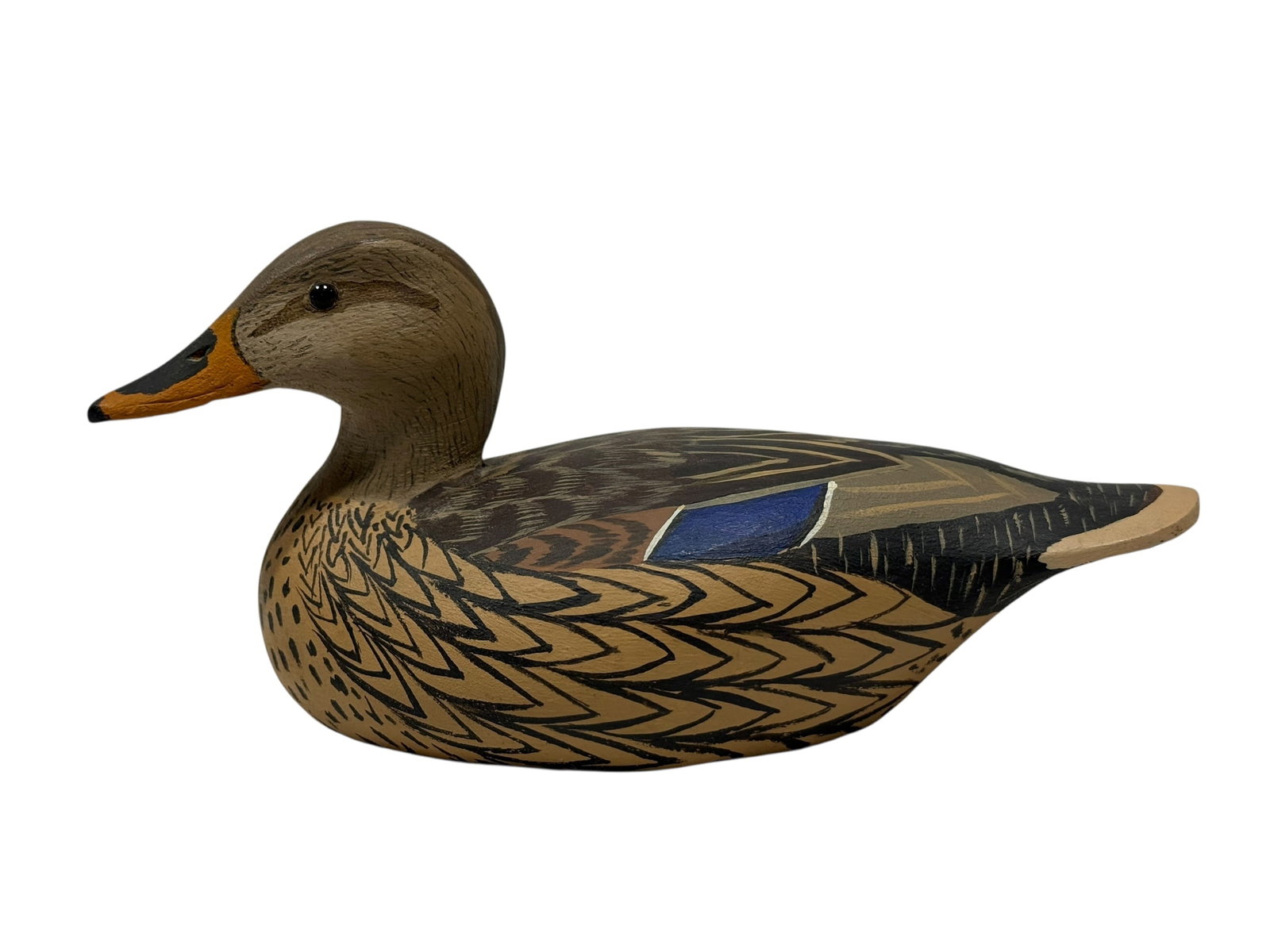 J.C. West, 1973, Hand-Carved & Painted Female Mallard Duck Decoy: Hand-carved and painted wooden female mallard duck decoy by J.C. West of Surf City, New Jersey, dated 1973. The hen is modeled in a classic resting form with inset glass eyes, a warm brown head, orang