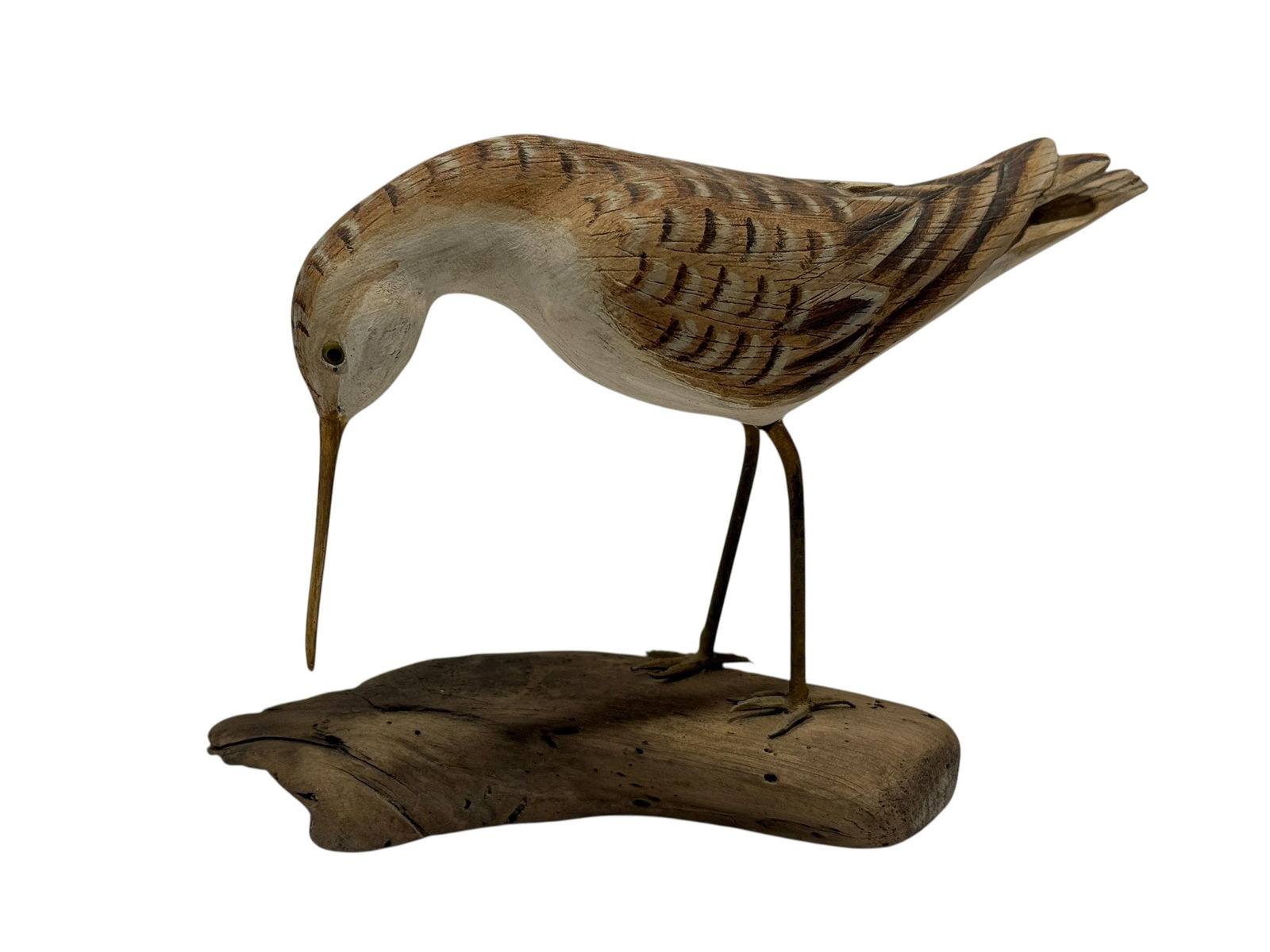 Richard Bukowski, 1980, Hand-Carved & Painted Shorebird Sculpture: Hand-carved and painted wooden shorebird sculpture by Richard Bukowski, dated 1980, modeled in a feeding pose with its long slender bill pointed downward. The bird features a softly rounded body with 