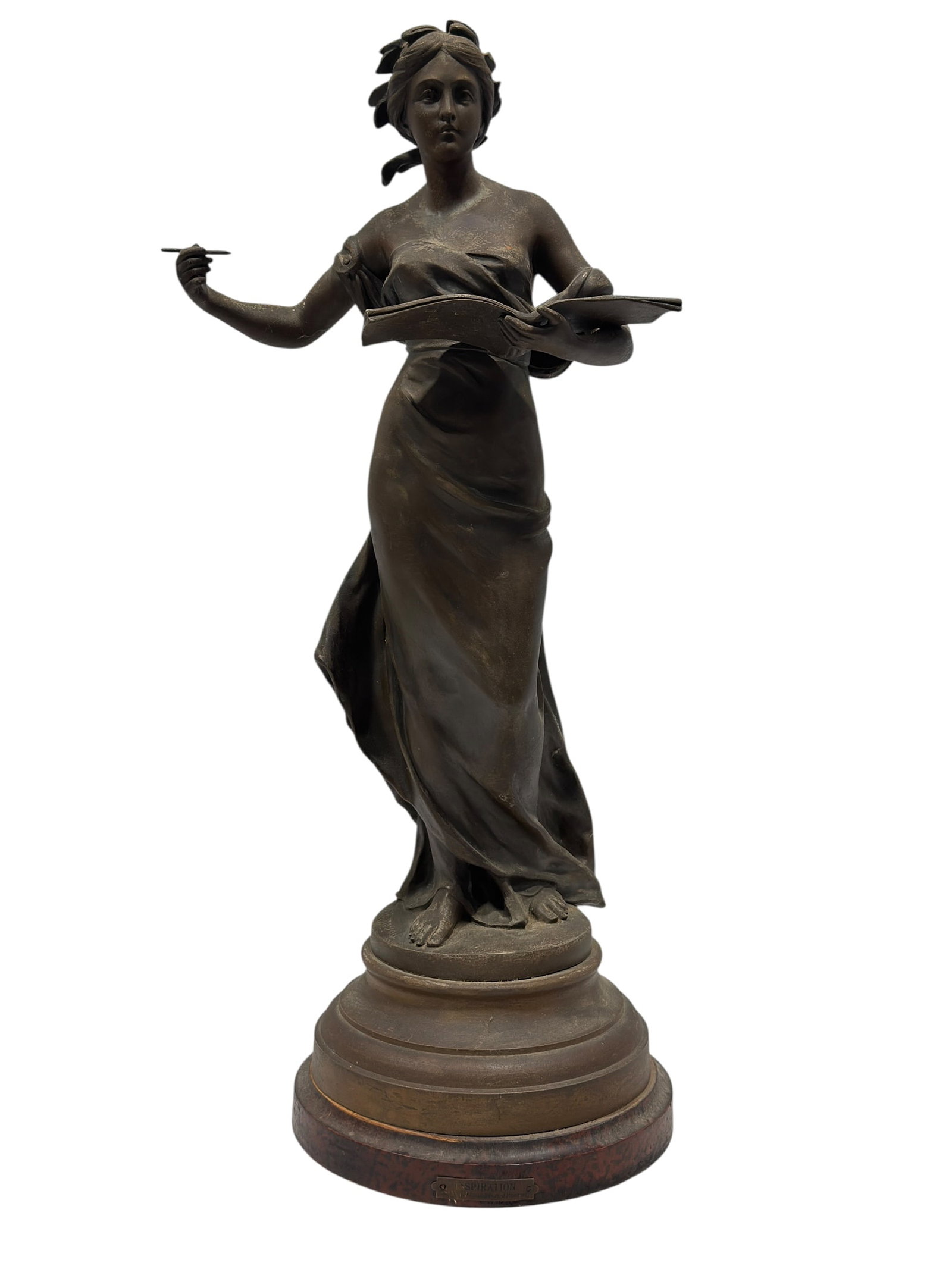 Mathurin Moreau "Inspiration" Antique Patinated Spelter Figural Sculpture: Elegant antique figural sculpture titled “Inspiration” by Mathurin Moreau (French, 1822–1912), depicting a classically draped female artist standing barefoot while holding an open palette or