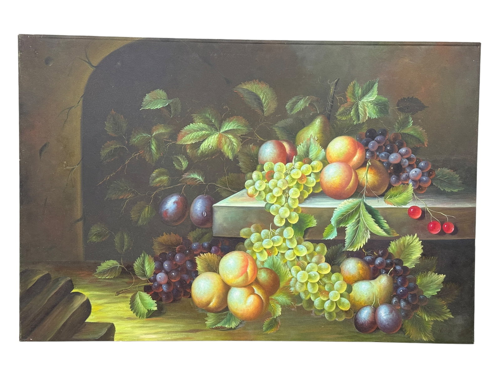 Contemporary Oil on Canvas Classical Fruit Still Life: Contemporary oil on canvas still life depicting an abundant arrangement of fruit including cascading green and purple grapes, peaches, pears, plums, and cherries displayed upon a stone ledge against a
