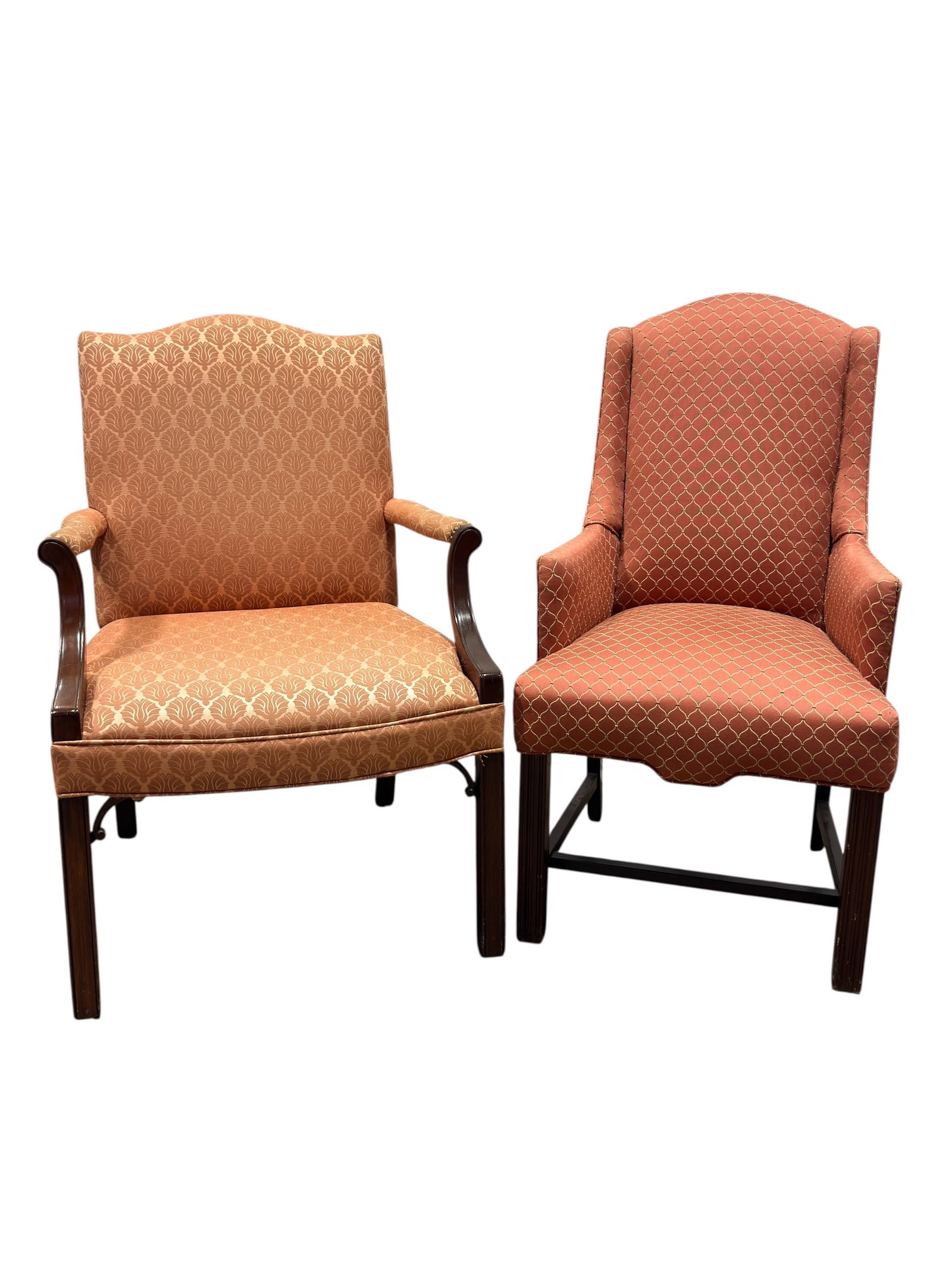 (2) Upholstered Armchair & Hickory Chair Co. Chair: (2) Attractive vintage high-back upholstered armchairs, each designed with tall gently arched backs, broad cushioned seats, upholstered arms, and dark-stained hardwood legs, offering complementary tra