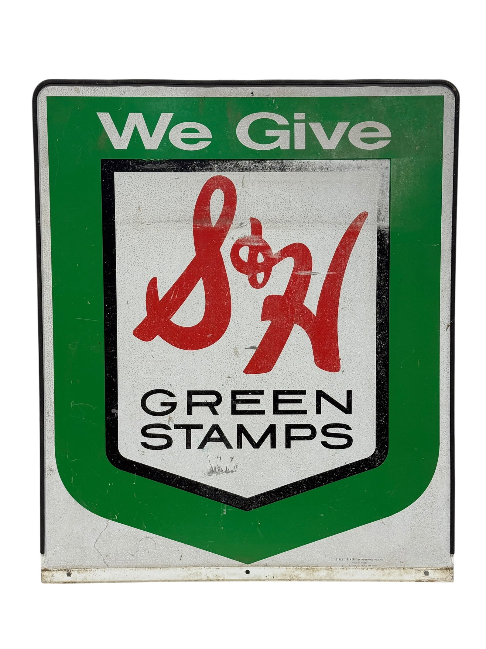 Vintage Double Sided S&H Green Stamps Street Talker Advertising Sign: Large vintage S&H Green Stamps double-sided advertising sign featuring bold green, white, black, and red graphics reading “We Give S&H Green Stamps.” Designed for sidewalk or storefront use, t