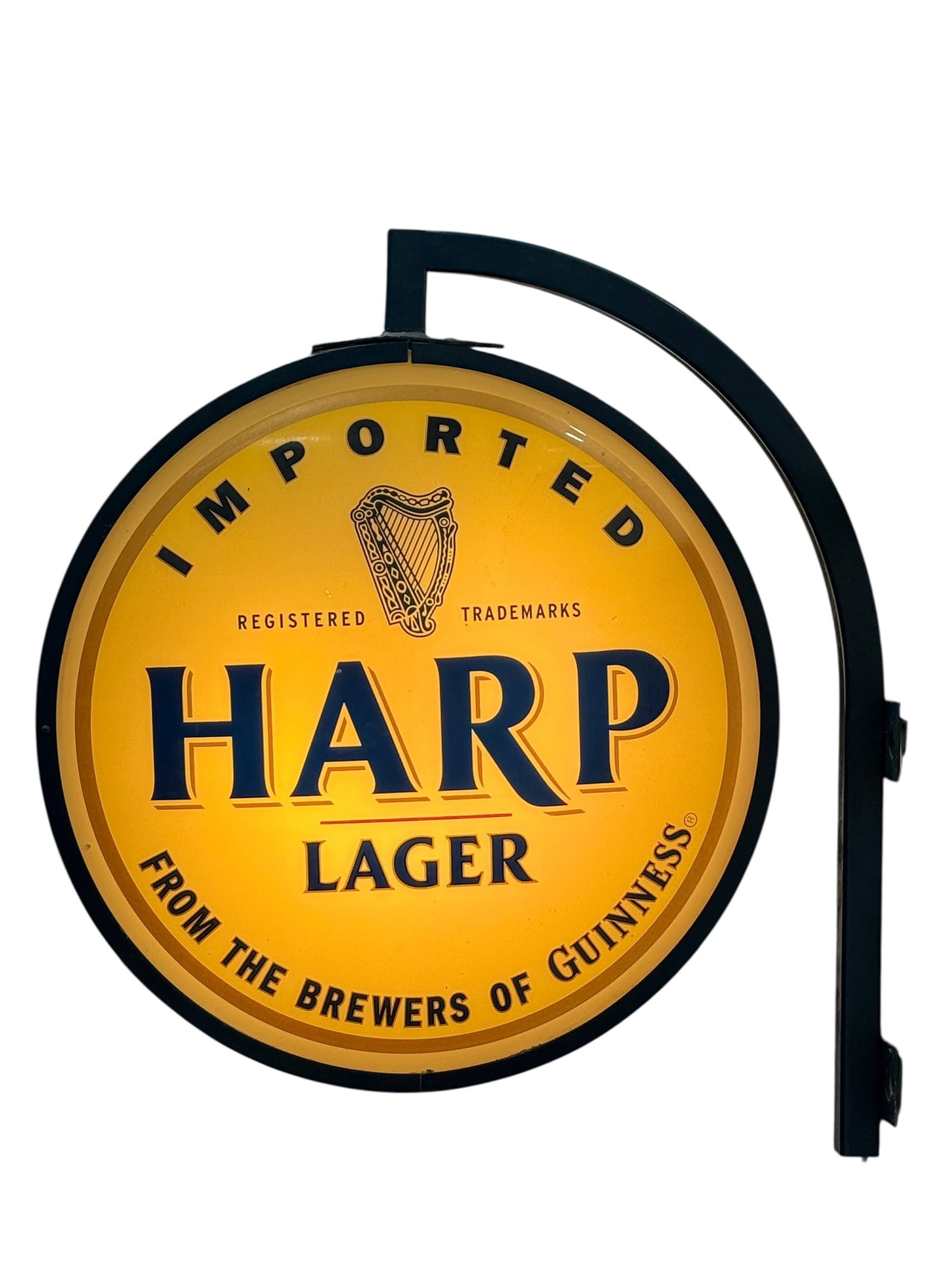 Harp Lager Illuminated Double Sided Hanging Beer Sign by Everbrite: Large vintage-style illuminated Harp Lager hanging advertising sign featuring a round double-sided face in cream, navy, red, and gold, prominently lettered “Imported Harp Lager – From the Brewers 