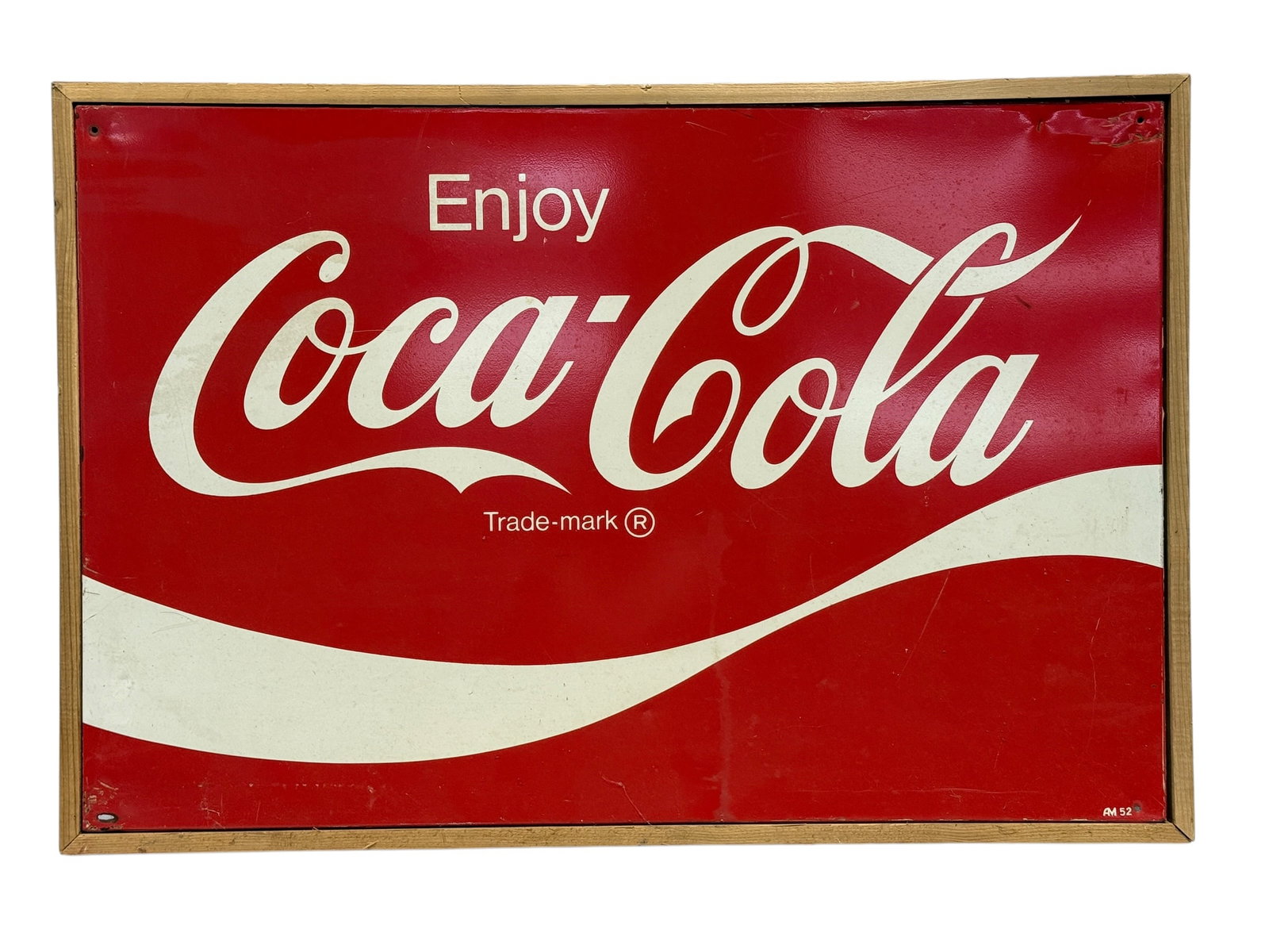 Vintage Coca-Cola "Enjoy Coca-Cola" Metal Advertising Sign w/ Wood Frame (1 of 9)