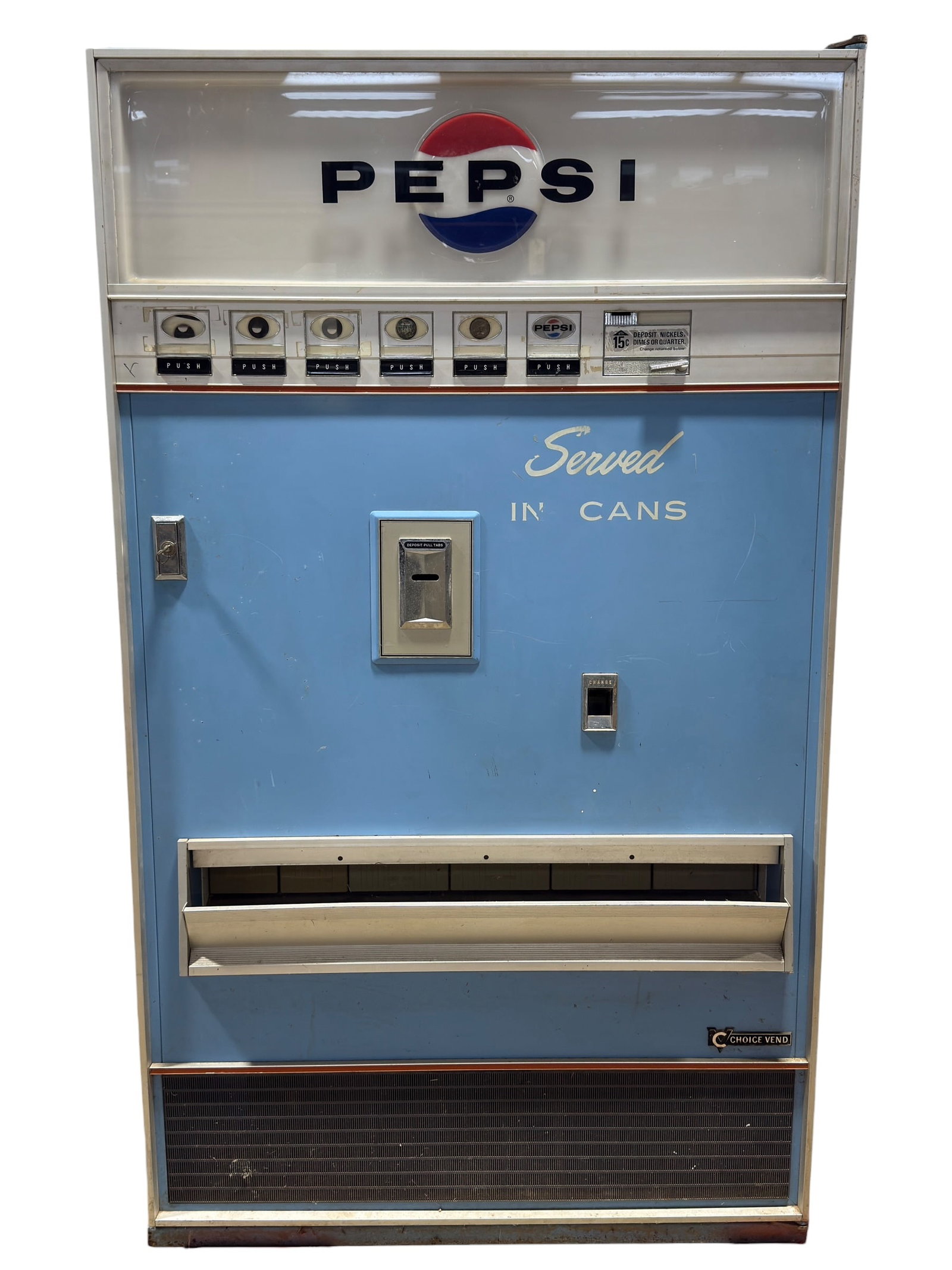 1960s Pepsi-Cola Choice Vend CVC-280 Bottle & Can Vending Machine: Large vintage Pepsi-Cola vending machine manufactured by Choice Vend, a division of The Seeburg Corporation, Chicago, Illinois, model CVC-280, serial no. F52458. The machine features a blue, white, an