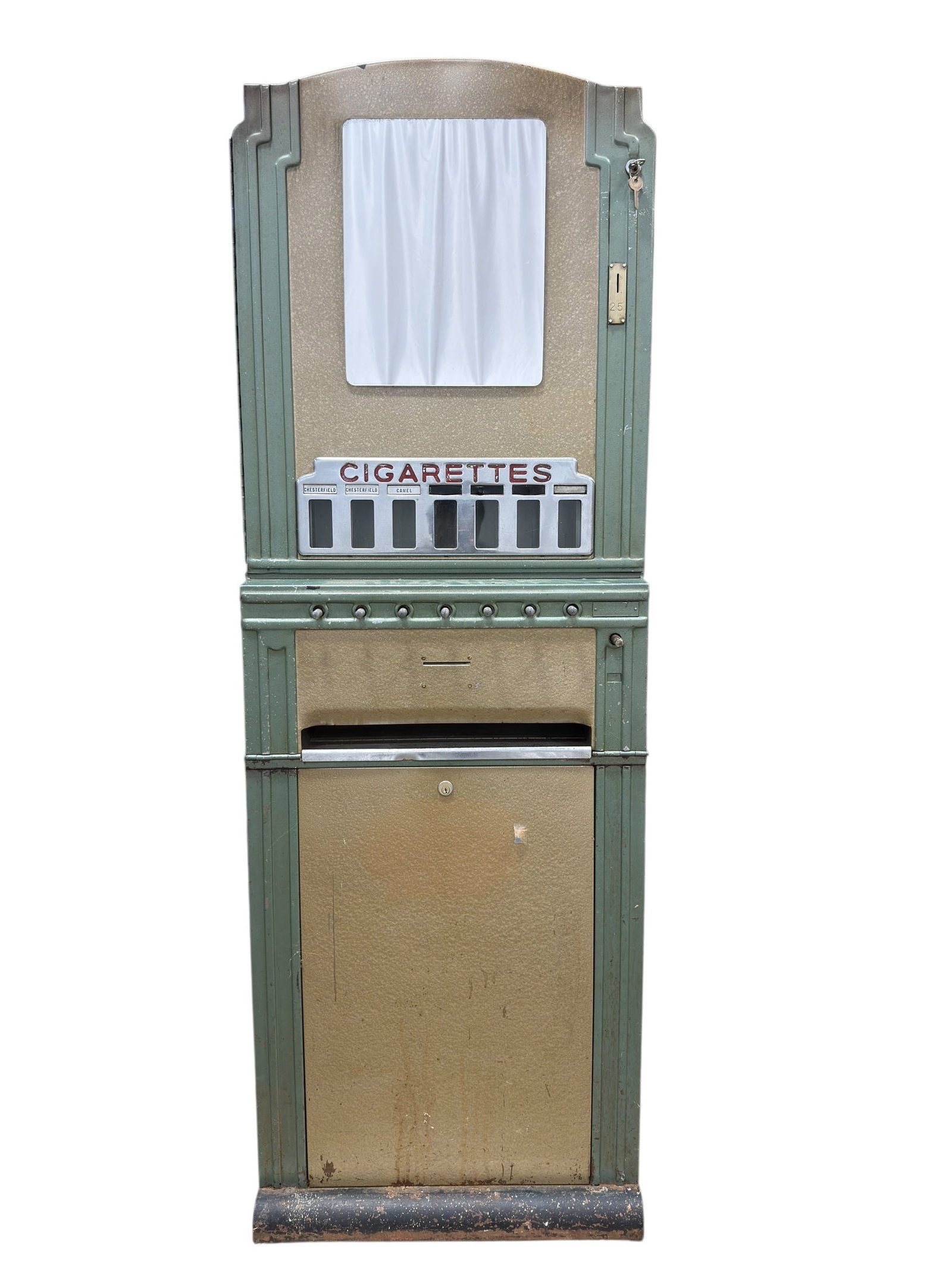 Vintage Uneeda Cigarette Vending Machine w/ Mirror: Mid-century commercial cigarette vending machine distributed by Uneeda Vending Service of Brooklyn, New York, featuring a tall painted metal cabinet in green and beige with an inset upper mirror, chro