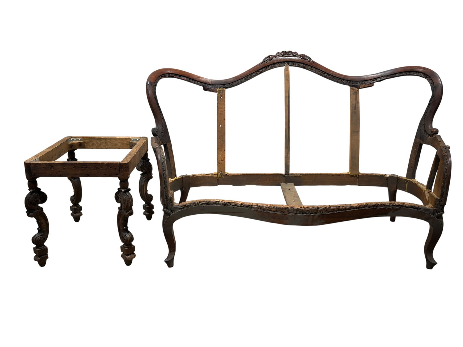 Late 19th C. Victorian Carved Mahogany Settee Frame & Stool Frame (1 of 19)