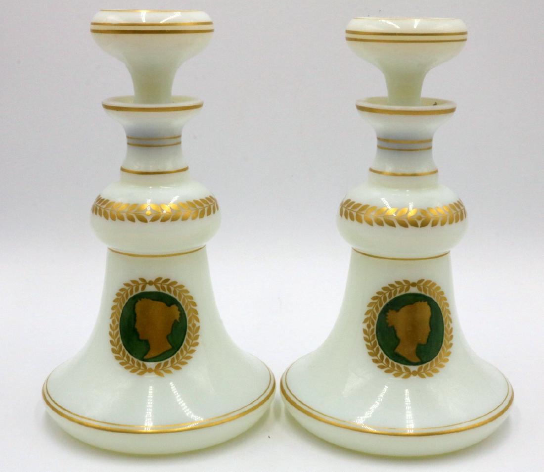 French Hand Painted White Opaline Glass Decanters: French Hand Painted White Opaline Glass Decanters. Measures - 8" high x 4 3/4" diameter.