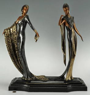 Erte "Duetto" Bronze Sculpture: Original Erte "Duetto" Bronze Sculpture. Romain de Tirtoff (Russian/French 1892-1990). Numbered 24/500. "Circa 1988, Sevenats LTD London". Total measurements - 19" high x 19 1/2" wide x 7" deep. This