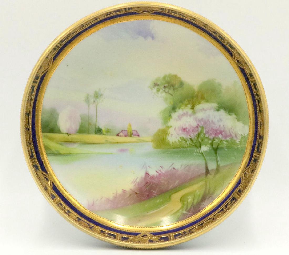 Nippon Hand Painted Porcelain Footed Bowl: Nippon Hand Painted Porcelain Footed Bowl. Measures - 2 1/2" high x 7 5/8" diameter. Beaded throughout.