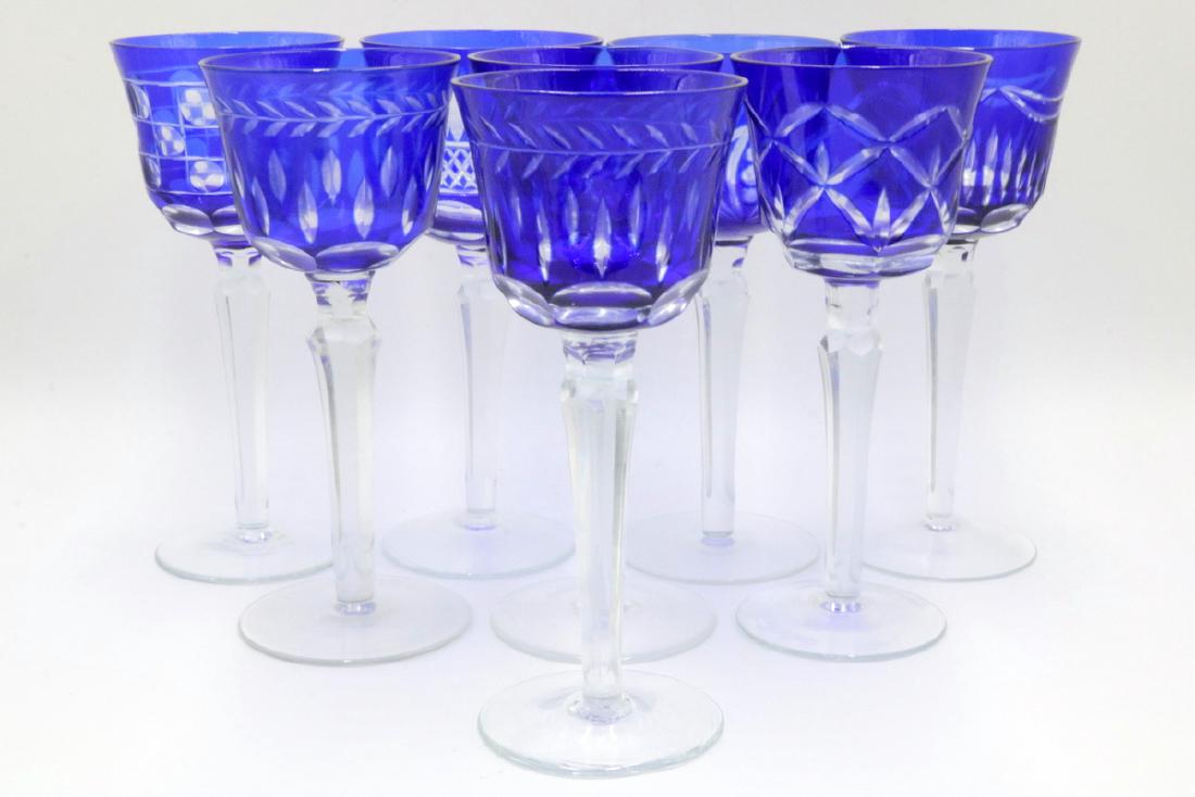 8 Pc. Czech Cobalt Blue Cut Crystal Wine Glasses: 8 Pc. Czech Cobalt Blue Cut Crystal Wine Glasses. Measures - 8" high.