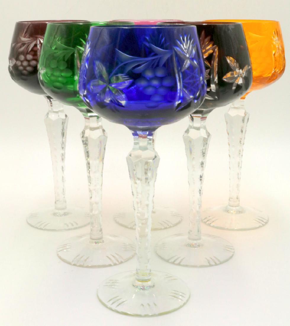 6 Pc. Czech Multi-Colored Cut Crystal Wine Glasses: 6 Pc. Czech Multi-Colored Cut Crystal Wine Glasses. Measures - 8" high.