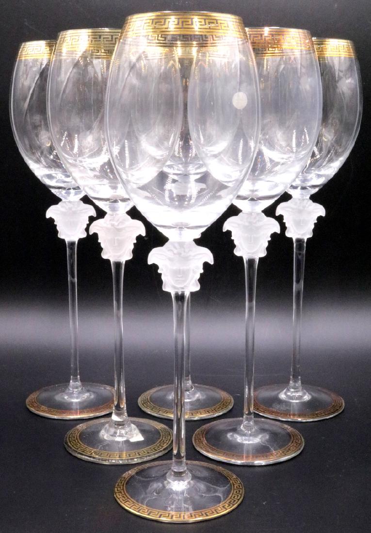 6 Pc. Rosenthal Versace "Medusa D' Or" Crystal Red Wine: 6 Pc. Rosenthal Versace "Medusa D' Or" Crystal Red Wine 16 Ounce Glasses. Measures - 11" high x 3 3/8" diameter. Each retail - $325. Featuring the head of Medusa (the emblem of the Versace collection)