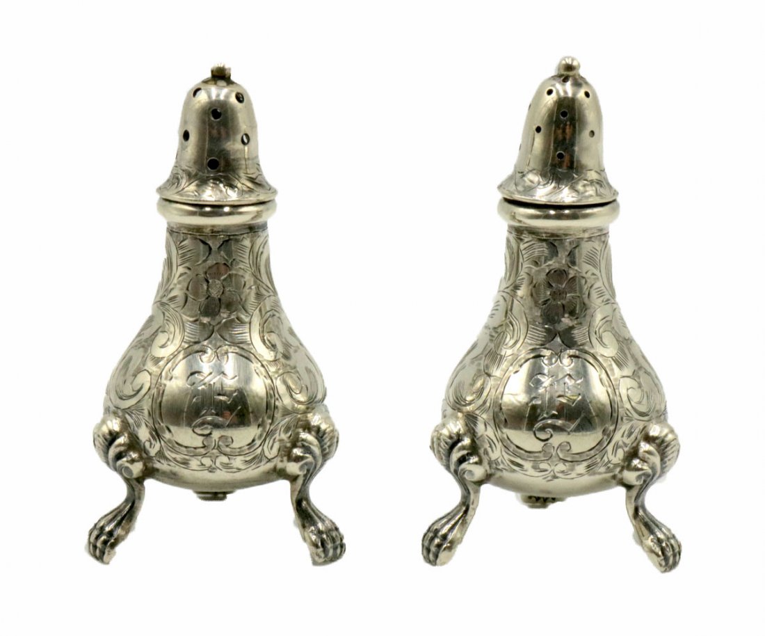 Pair of Sterling Silver Salt & Pepper Shakers: Pair of Sterling Silver Salt & Pepper Shakers. Monogrammed "E". Measures - 3" high. Weight - 76.1 grams.