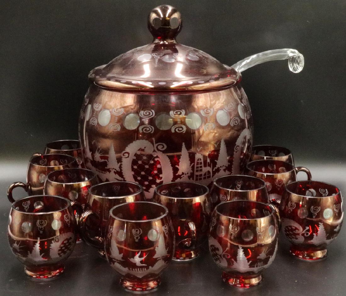 13 Pc. Bohemian Cut Cranberry Glass Punch Set (1 of 3)