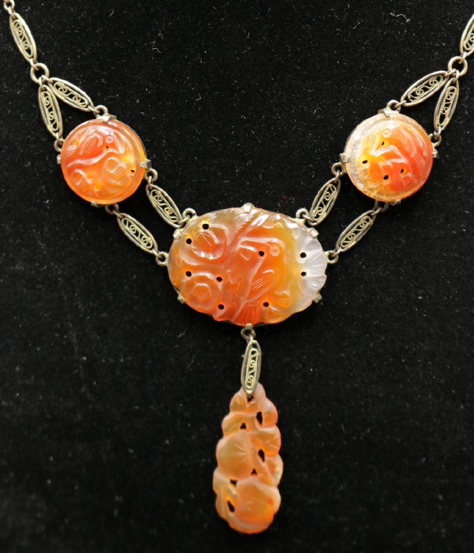 Vintage Carved Carnelian & Sterling Drop Necklace: Vintage Carved Carnelian & Sterling Drop Necklace. Measures - 14" long. Weight - 14.8 grams.