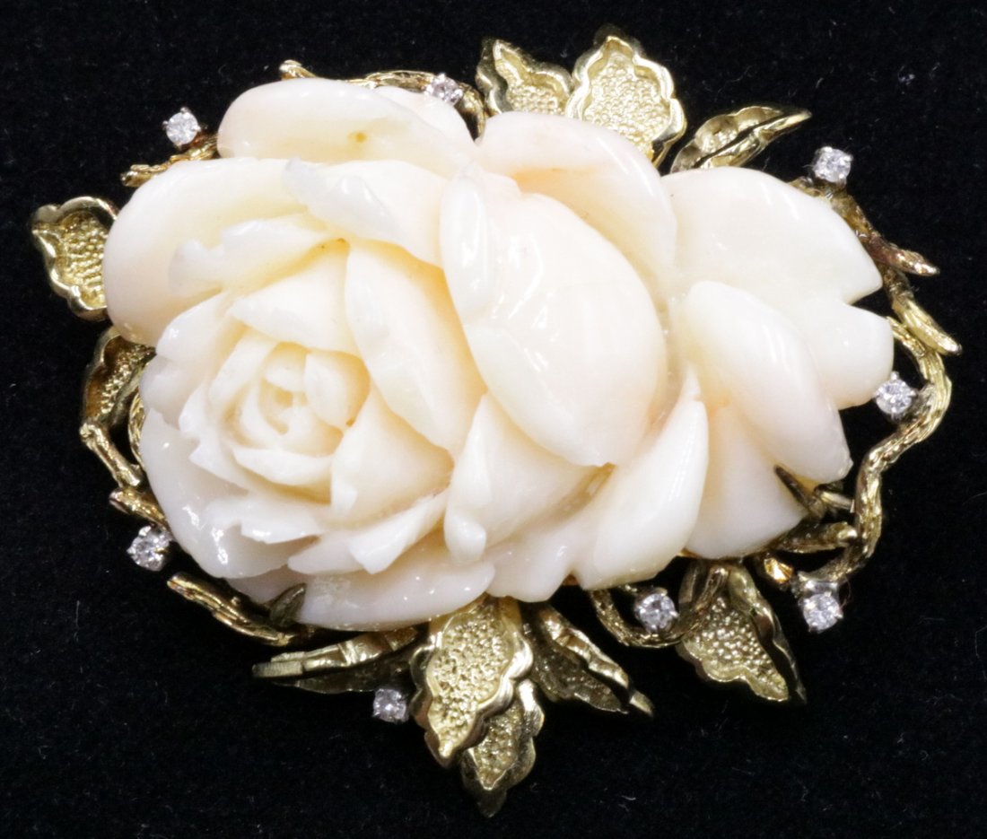 18Kt YG Carved Angel Skin Coral Flower Diamond Brooch (1 of 4)