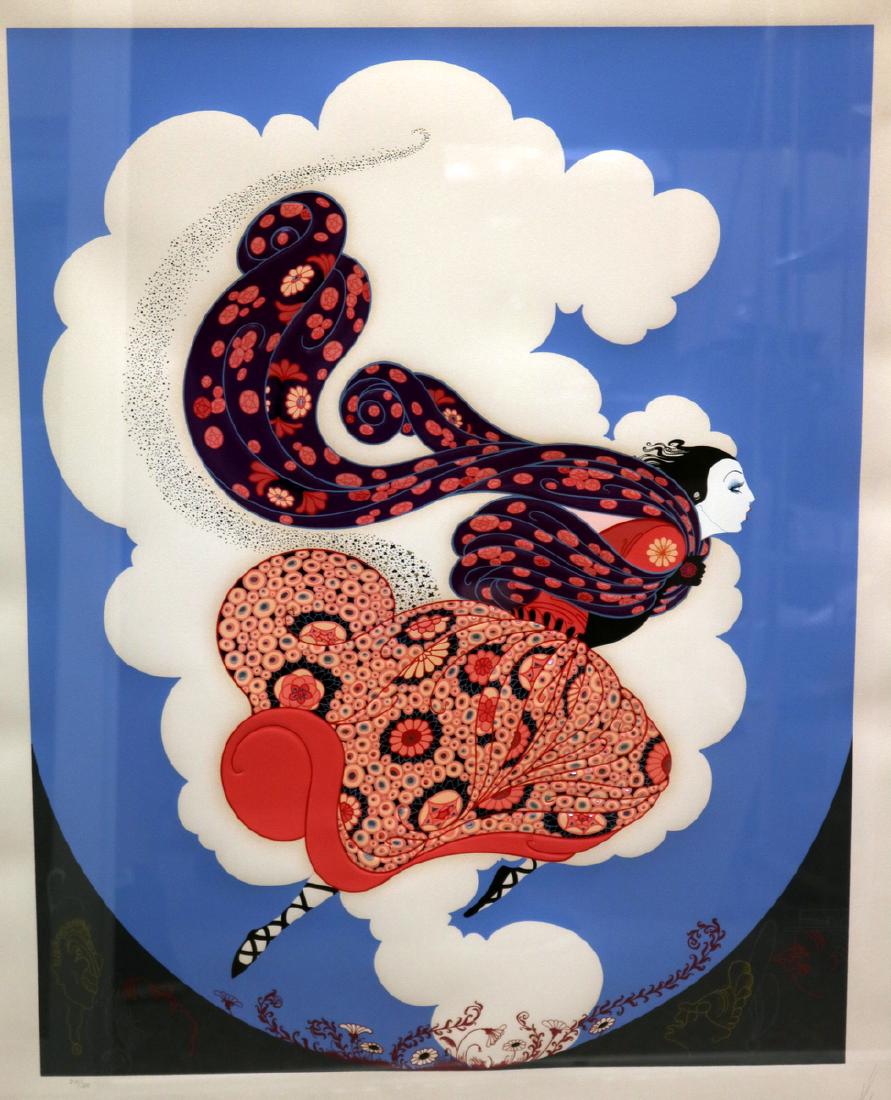 Erte "The Pursuit of Flore" Serigraph: Erte "The Pursuit of Flore" Limited Edition Serigraph. Measures - 26" high x 20 1/2" wide. Total with frame - 42" high x 34 3/4" wide. Numbered #211/300. Retail - $5000. Year produced - 1985.